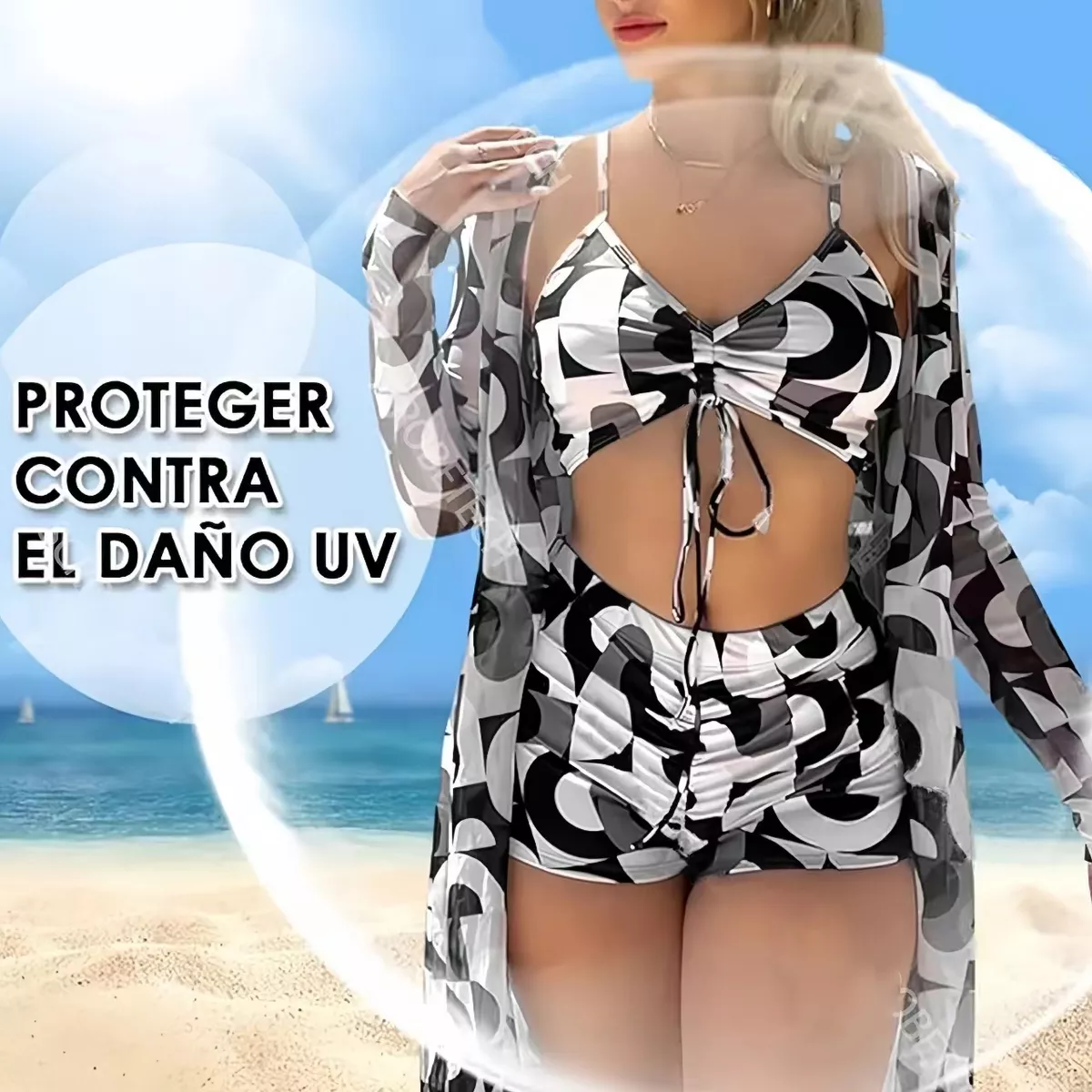 Juego De Traje De Baño Bikini Para Mujer 3 Piezas Negro Talla G