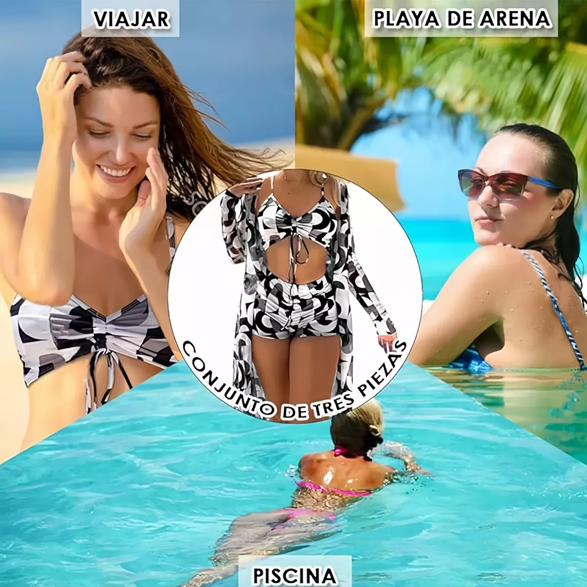 Juego De Traje De Baño Bikini Para Mujer 3 Piezas Negro Talla G