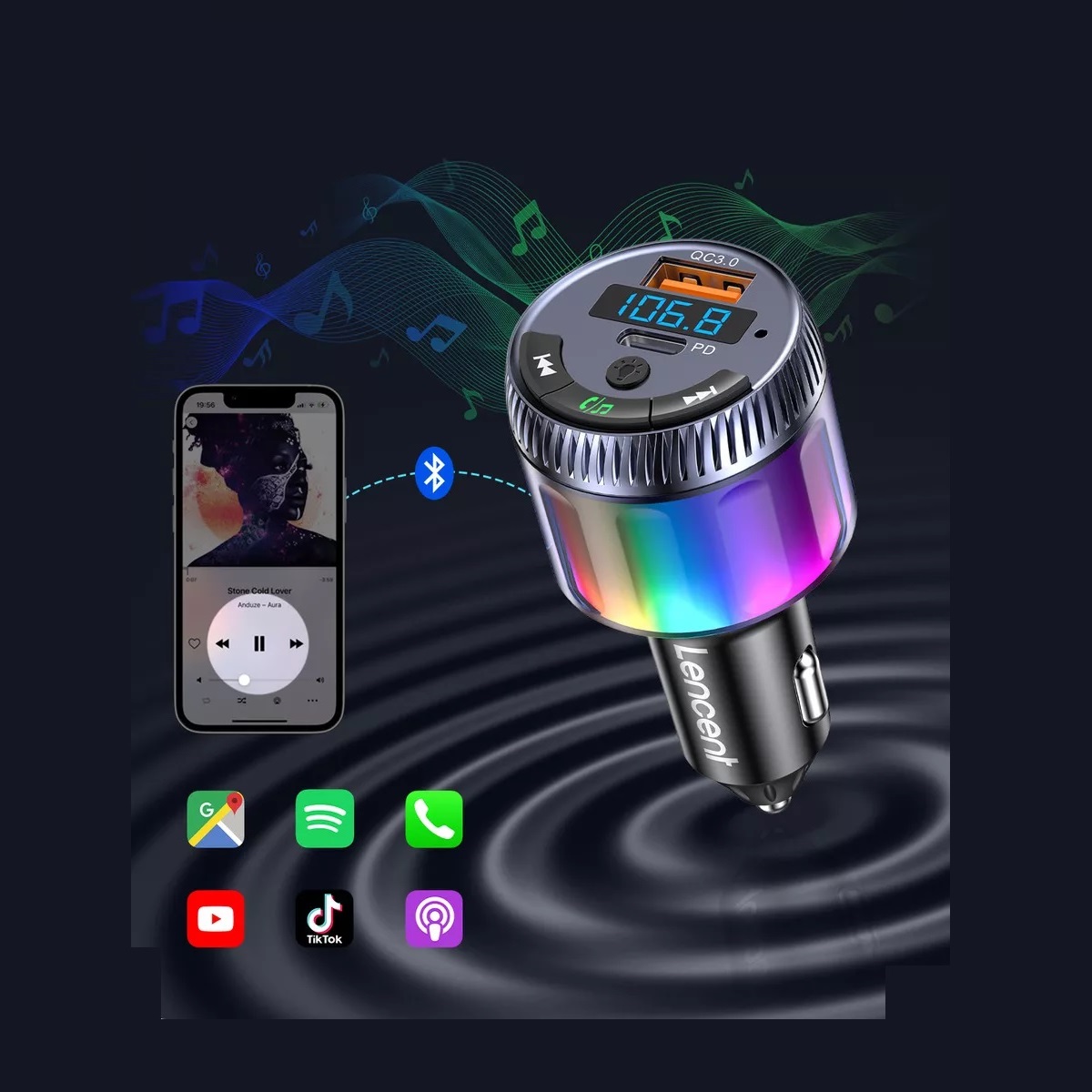 Transmisor FM para Auto Bluetooth 5.3, adaptador de música de radio inalámbrico