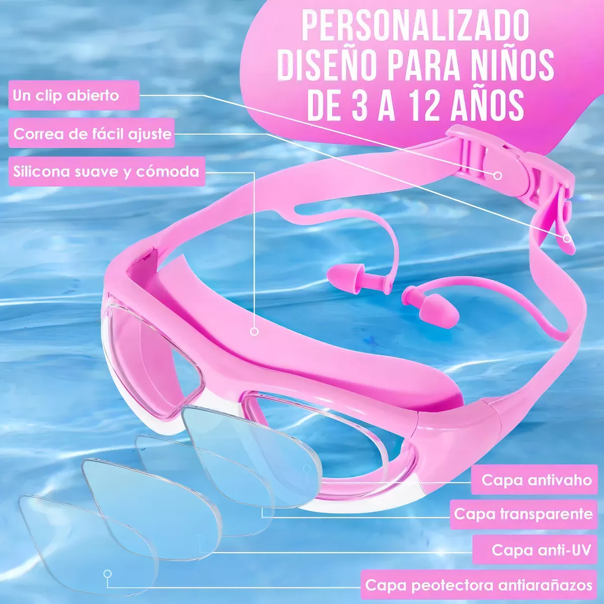 Gafas Goggles Natación Para Niños Antivaho Protección 6 En 1 Rosa