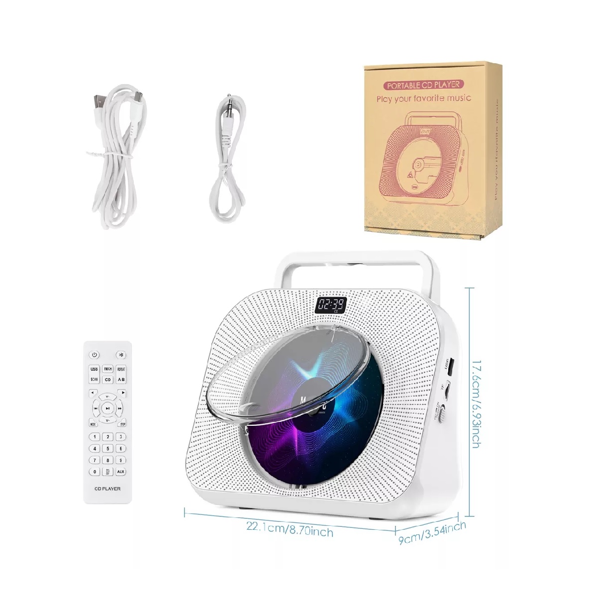 Reproductor De Cd Portátil Bluetooth Con Altavoces Música Tf Blanco