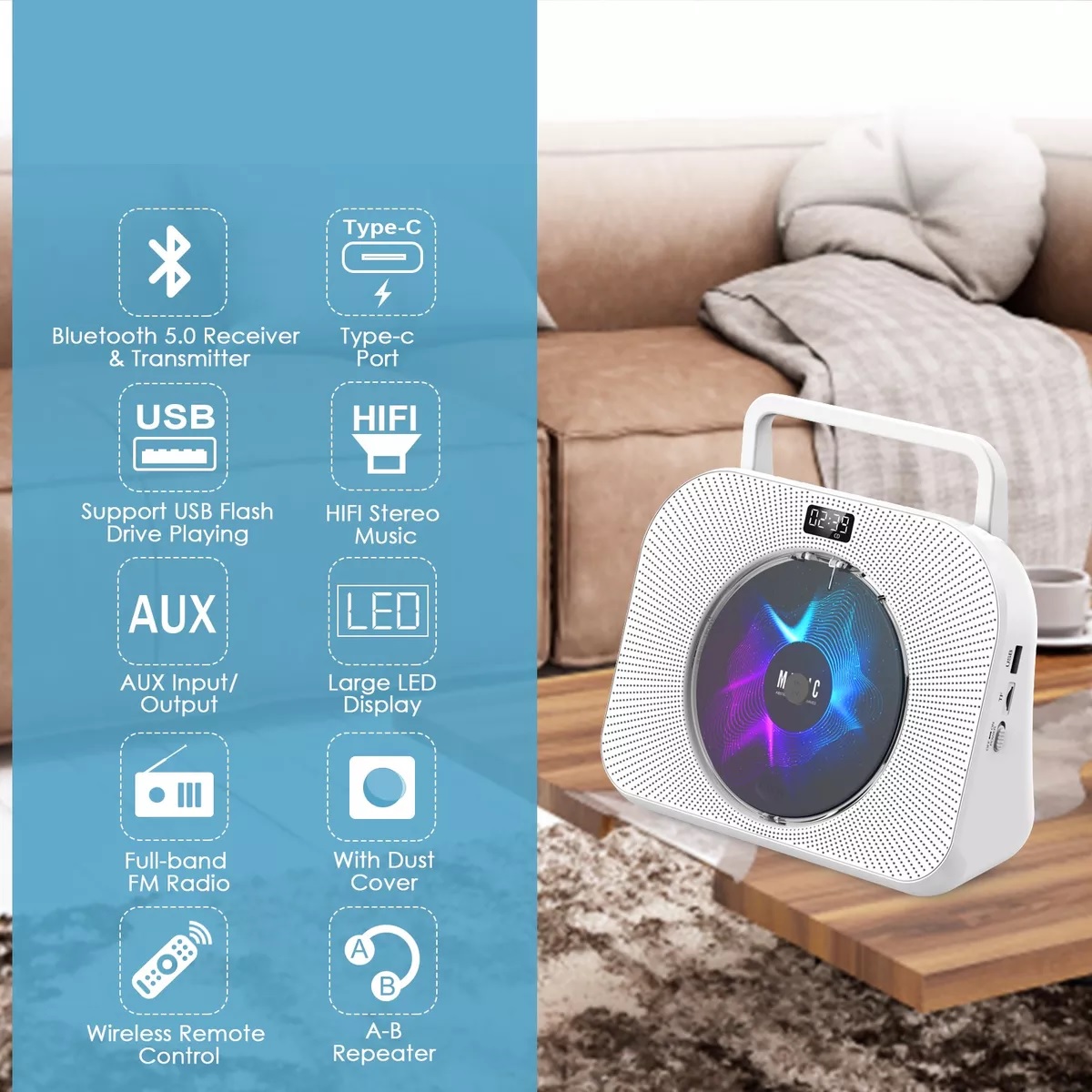 Reproductor De Cd Portátil Bluetooth Con Altavoces Música Tf Blanco