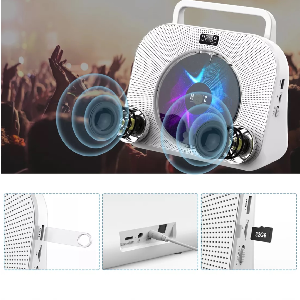 Reproductor De Cd Portátil Bluetooth Con Altavoces Música Tf Blanco