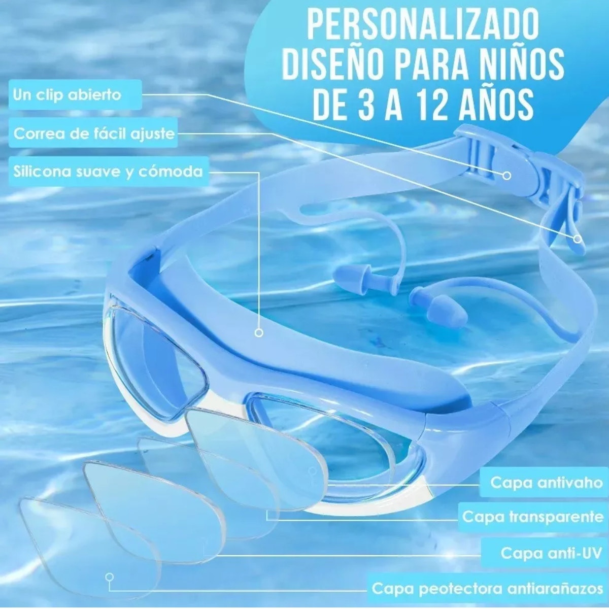 Gafas Goggles Natación Para Niños Antivaho Protección 6 En 1 Azul