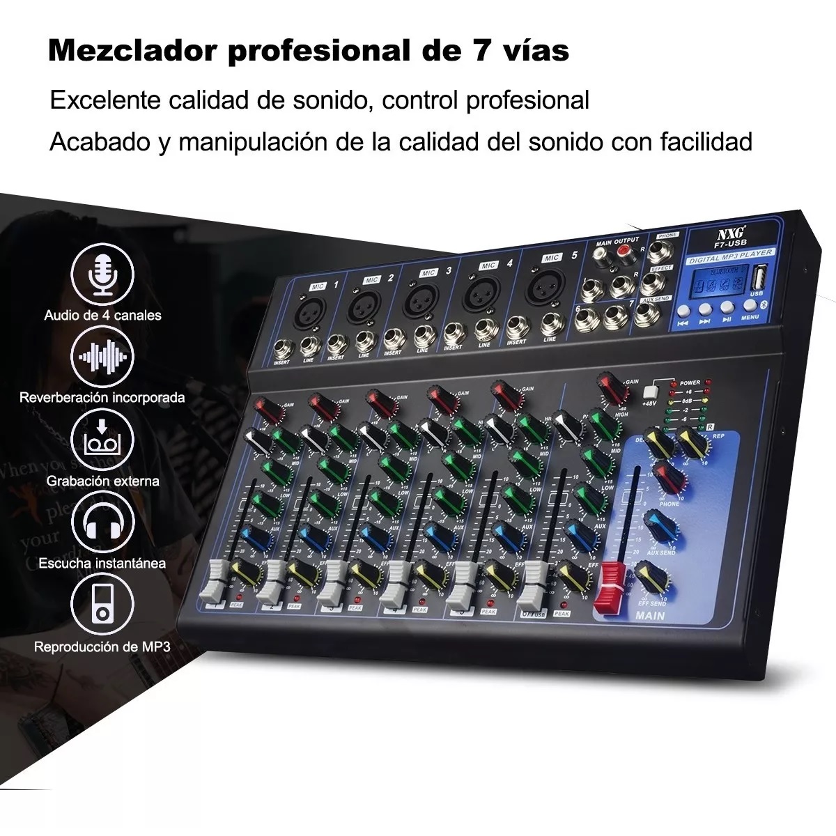 Mezcladora Pasiva 7 Canales Con Bluetooth Phantom Usb