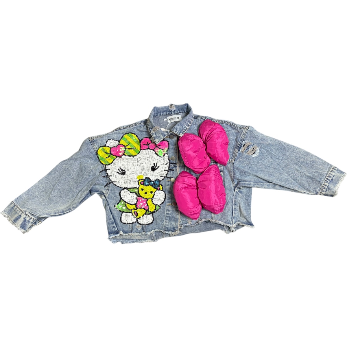 Chamarra Corta De Meclilla Diseño Hello Kitty 3d Lentejuela.