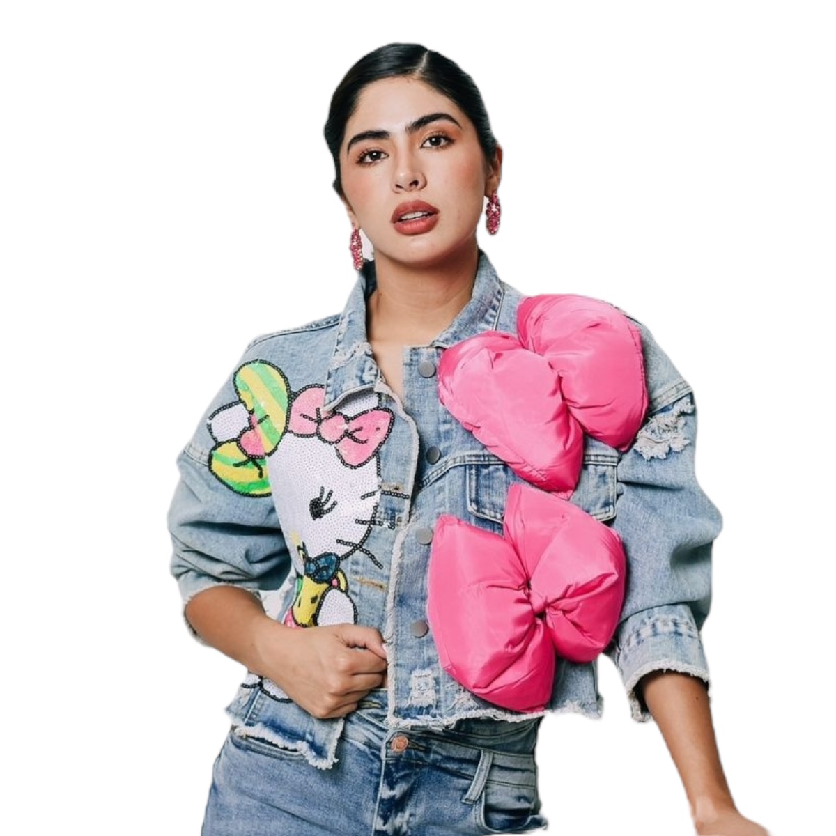 Chamarra Corta De Meclilla Diseño Hello Kitty 3d Lentejuela.
