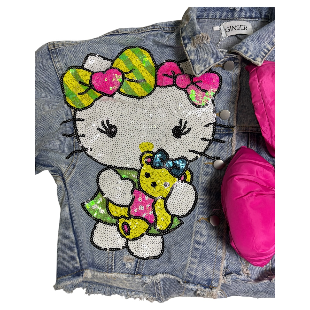 Chamarra Corta De Meclilla Diseño Hello Kitty 3d Lentejuela.