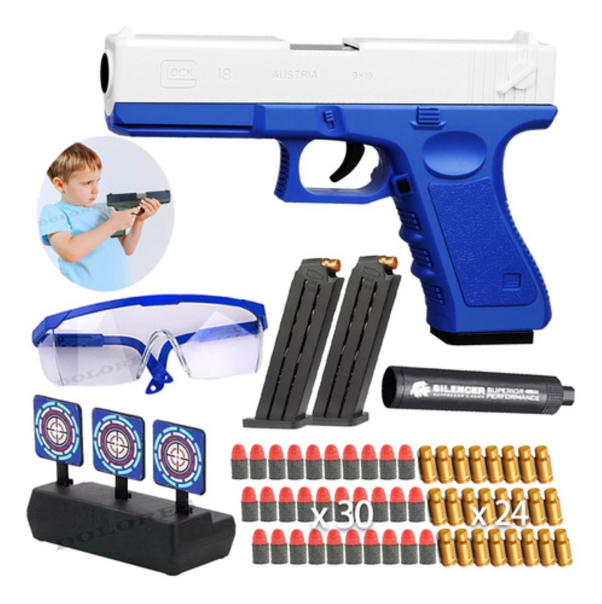 Pistola Glock Juguete Niños Bala Blanda Silenciador Regalo AZUL