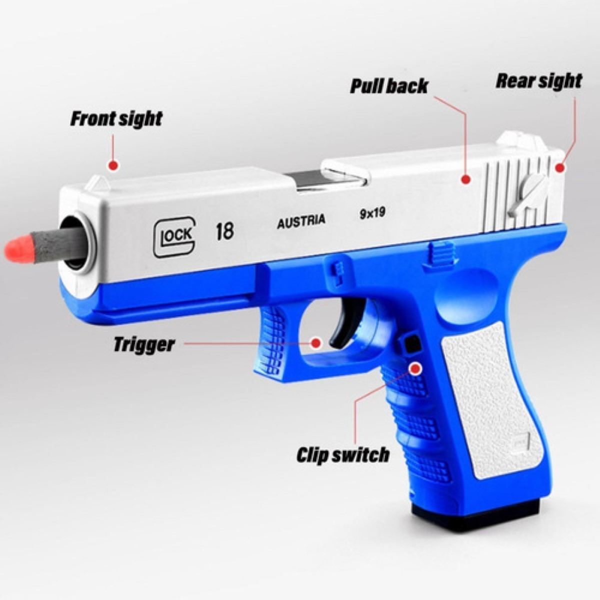 Pistola Glock Juguete Niños Bala Blanda Silenciador Regalo AZUL