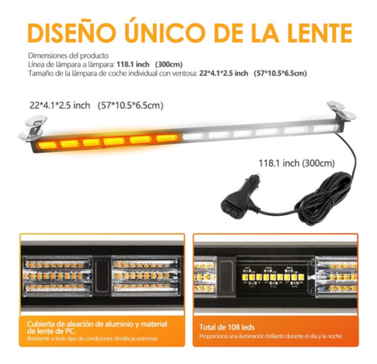 Barra Torreta Estrobo Luz Luces Código Policia 108led 23puLG BLANCO