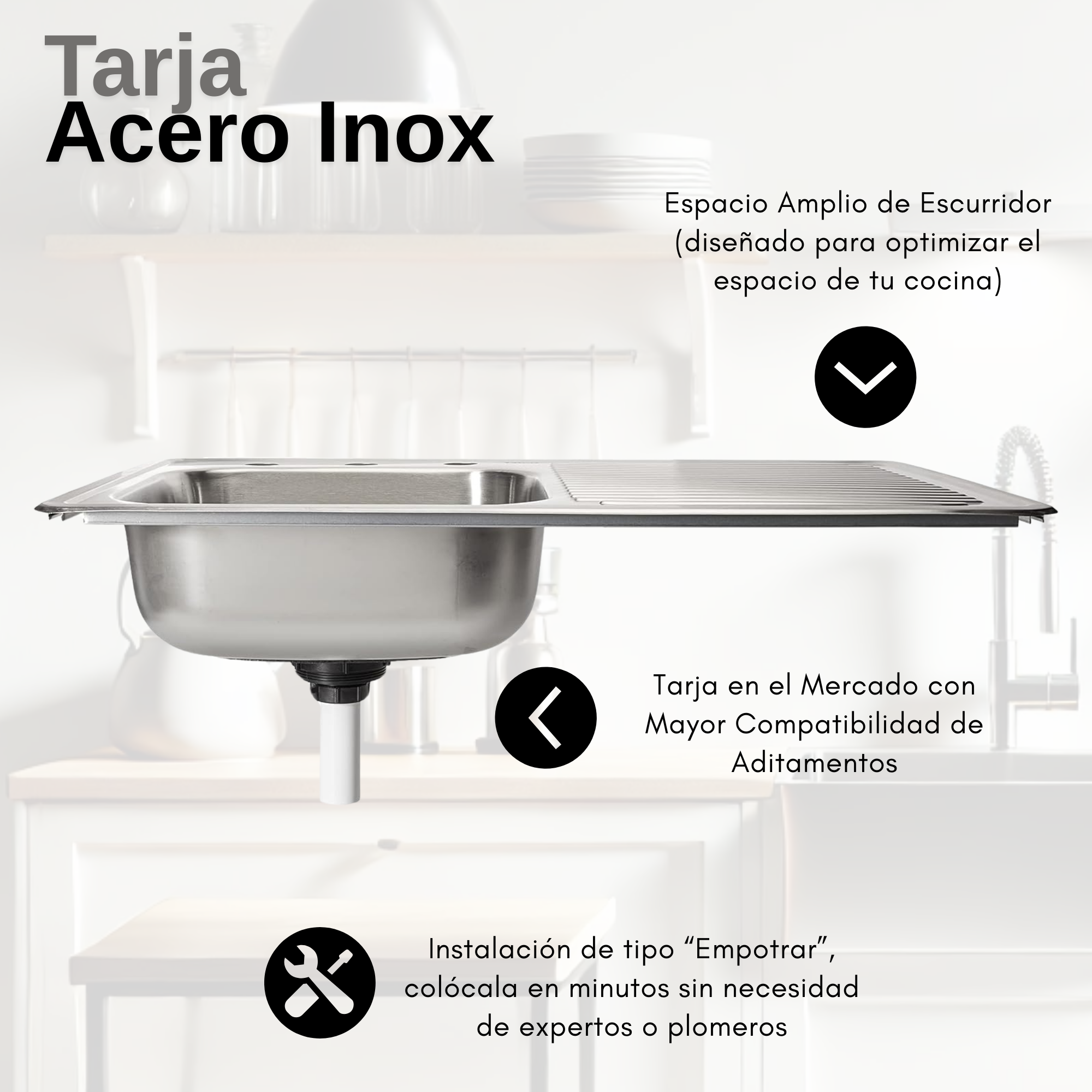Tarja Sencilla 80 X 50 CM (Con Escurridero) incluye Mezcladora y Kit de Instalación