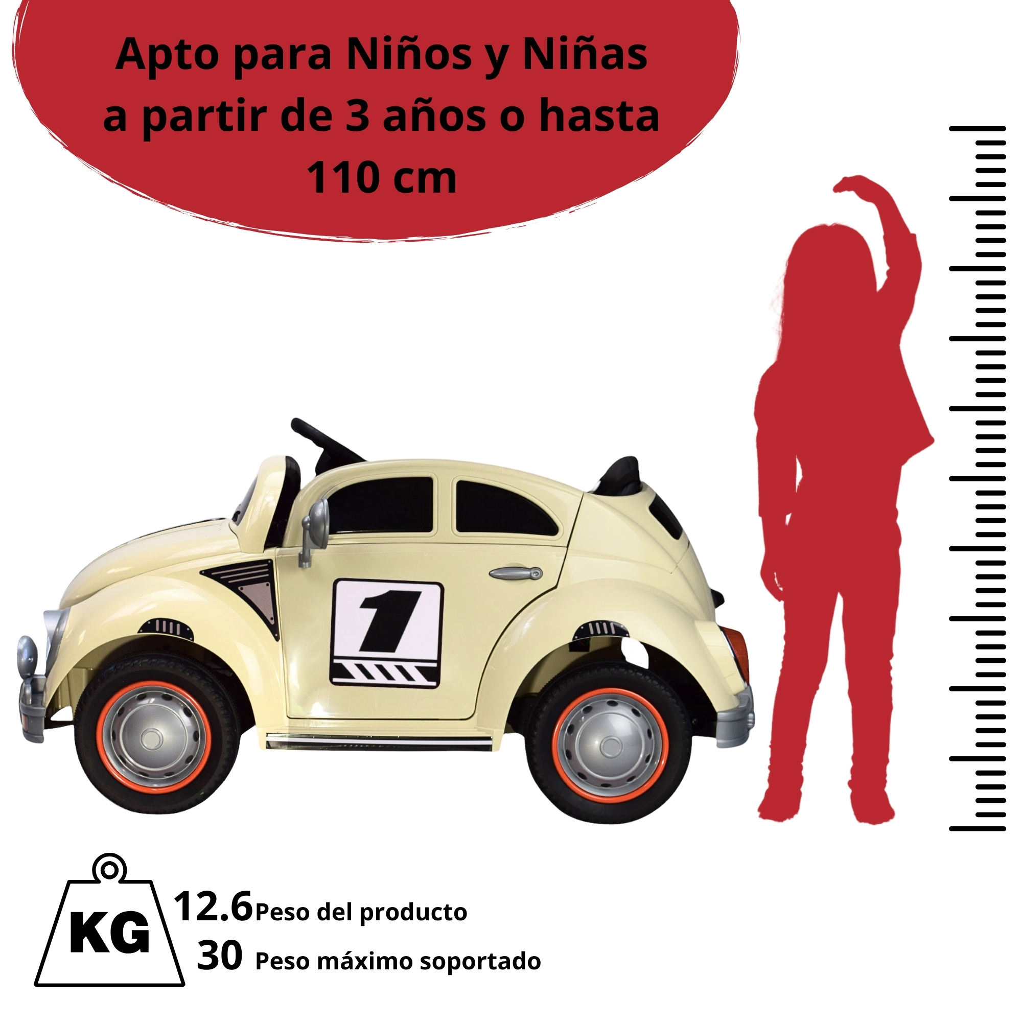 Montable para Niños Vocho Electrico Control Remoto luz 12V - BEIGE