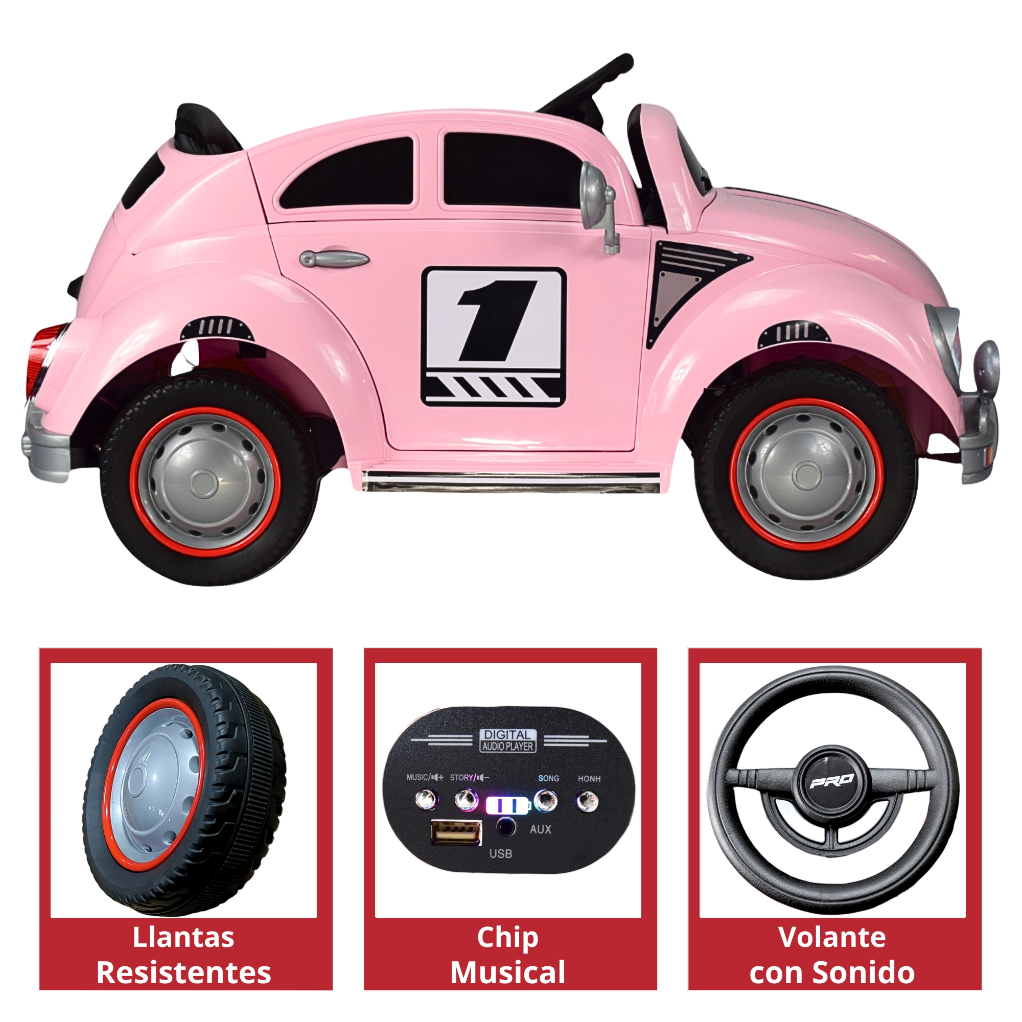 Montable para Niños Vocho Electrico Control Remoto luz 12V - ROSA