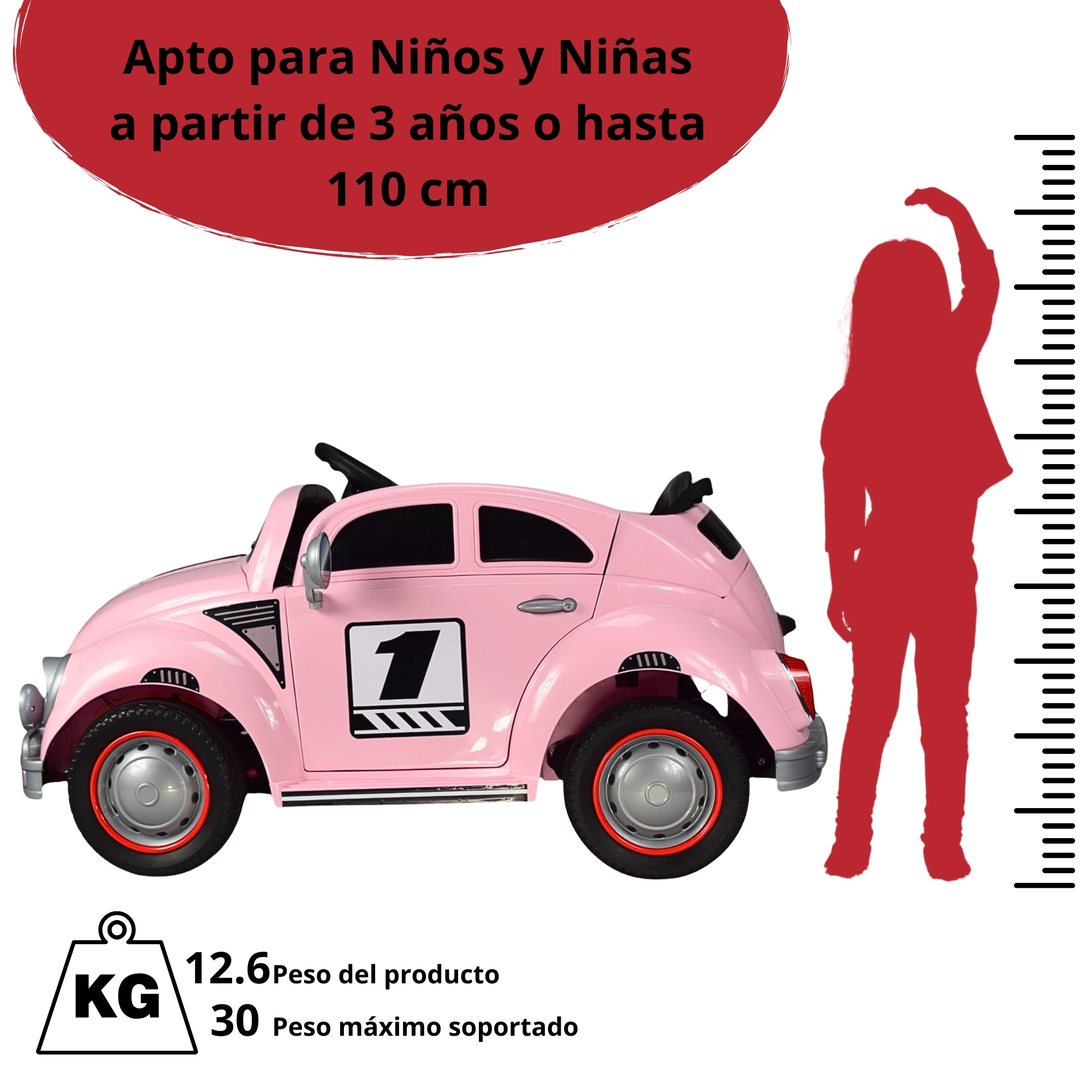 Montable para Niños Vocho Electrico Control Remoto luz 12V - ROSA