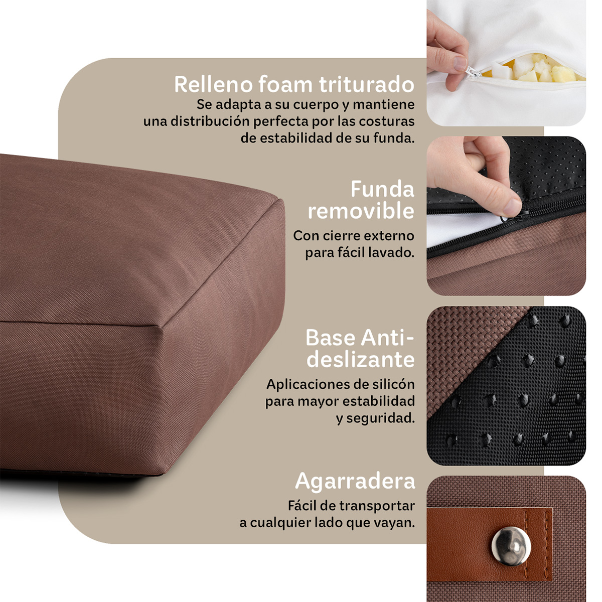 Cama Antiestrés de Foam para Perro y Gato tamaño Mediano, Colchoneta para Mascota Lavable Café ESQUIMAL