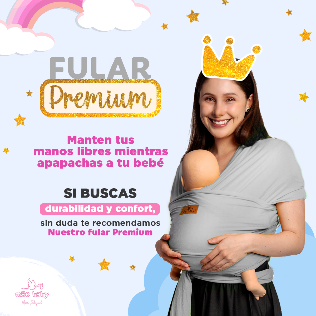 Mãe Baby Fular para bebé | Algodón Premium Fresco | 100% Hecho en México | Hasta 10kg (Gris Plata)