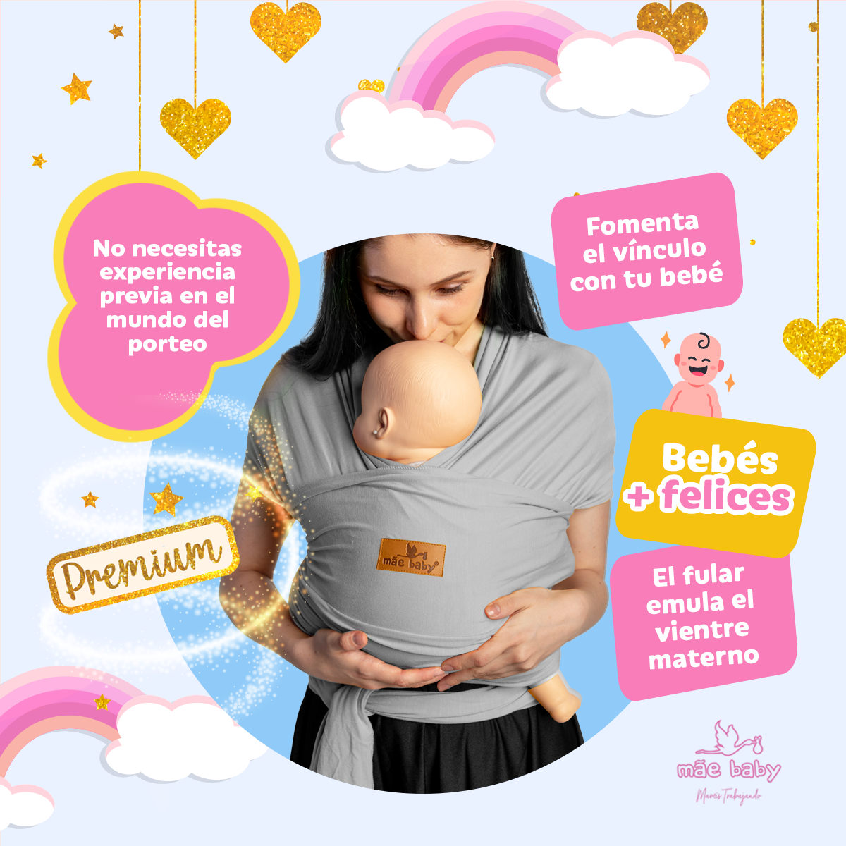 Mãe Baby Fular para bebé | Algodón Premium Fresco | 100% Hecho en México | Hasta 10kg (Gris Plata)