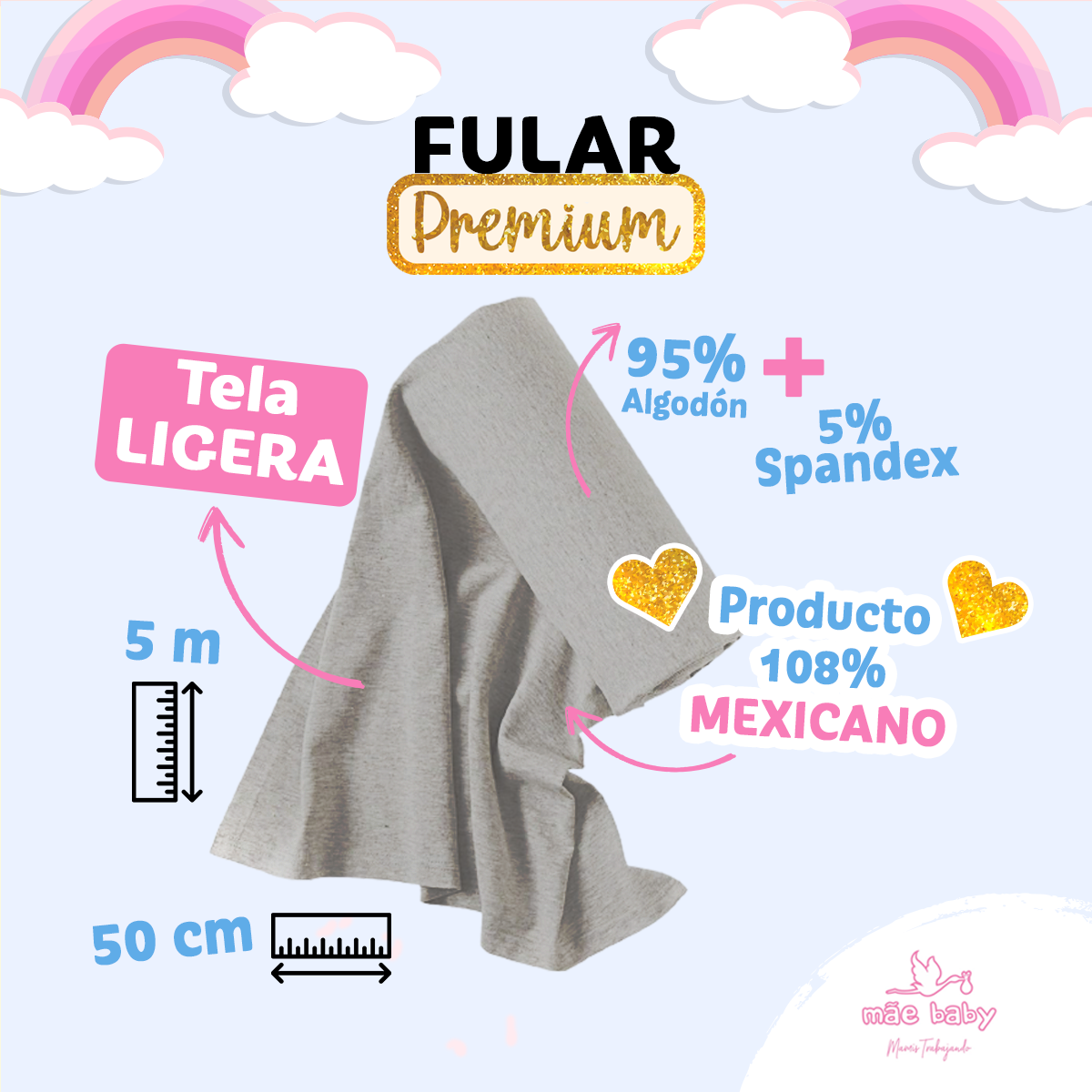 Mãe Baby Fular para bebé | Algodón Premium Fresco | 100% Hecho en México | Hasta 10kg (Gris Plata)