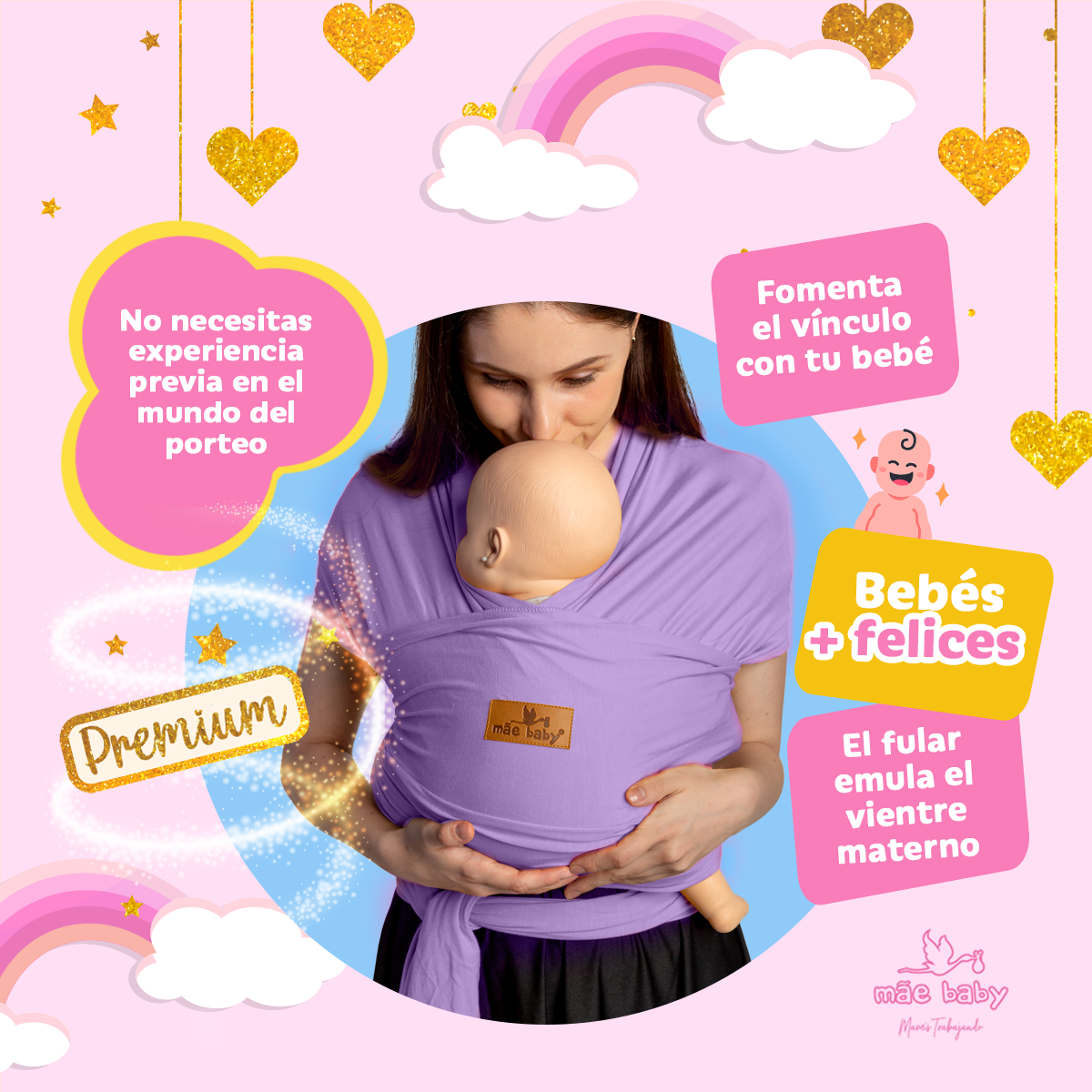 Mãe Baby Fular para bebé | Algodón Premium Fresco | 100% Hecho en México | Hasta 10kg (Lila Moon)