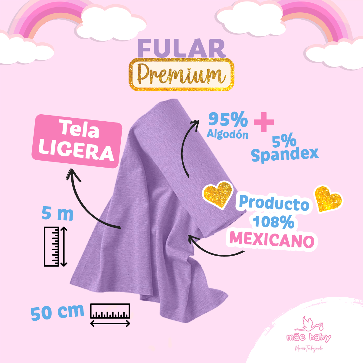 Mãe Baby Fular para bebé | Algodón Premium Fresco | 100% Hecho en México | Hasta 10kg (Lila Moon)