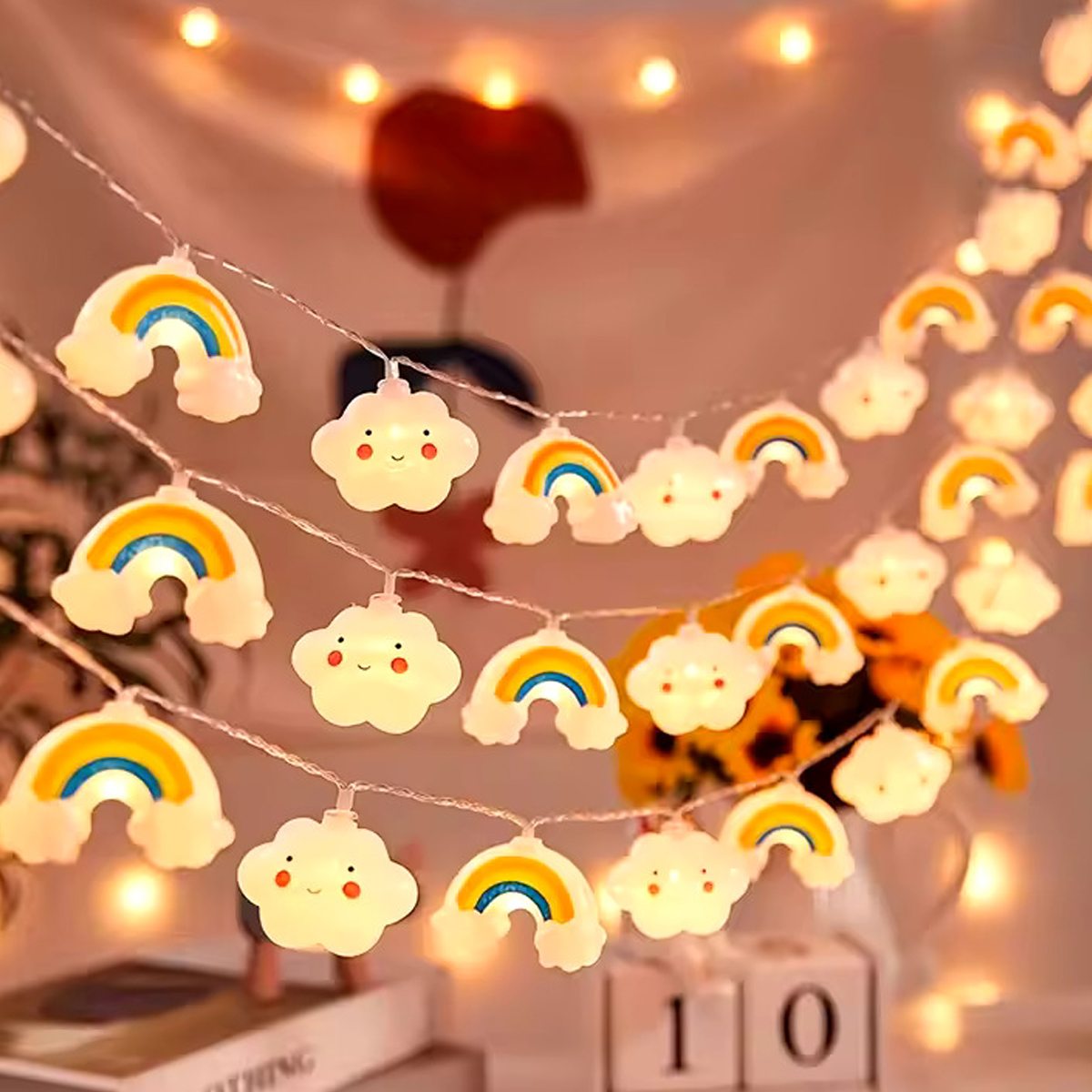 Serie Infantil Navidad Luces Figuras 3 Metros Multicolor Arcoiris y Nubes