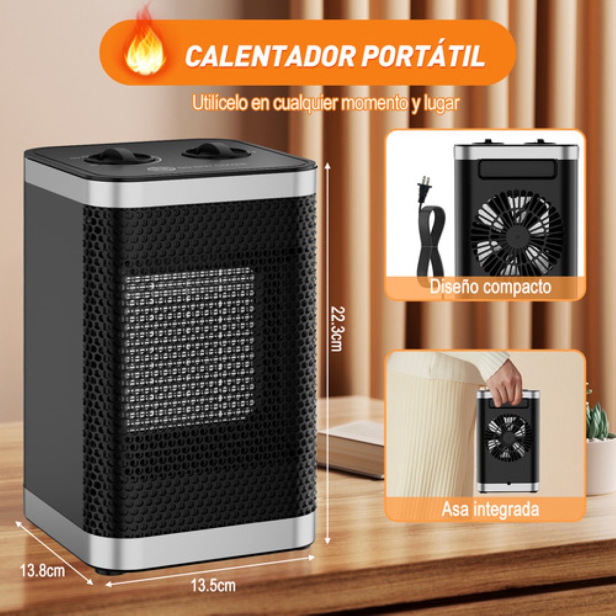 Calefactor Eléctrico Portátil 1500w Ventilador De Cerámica negro