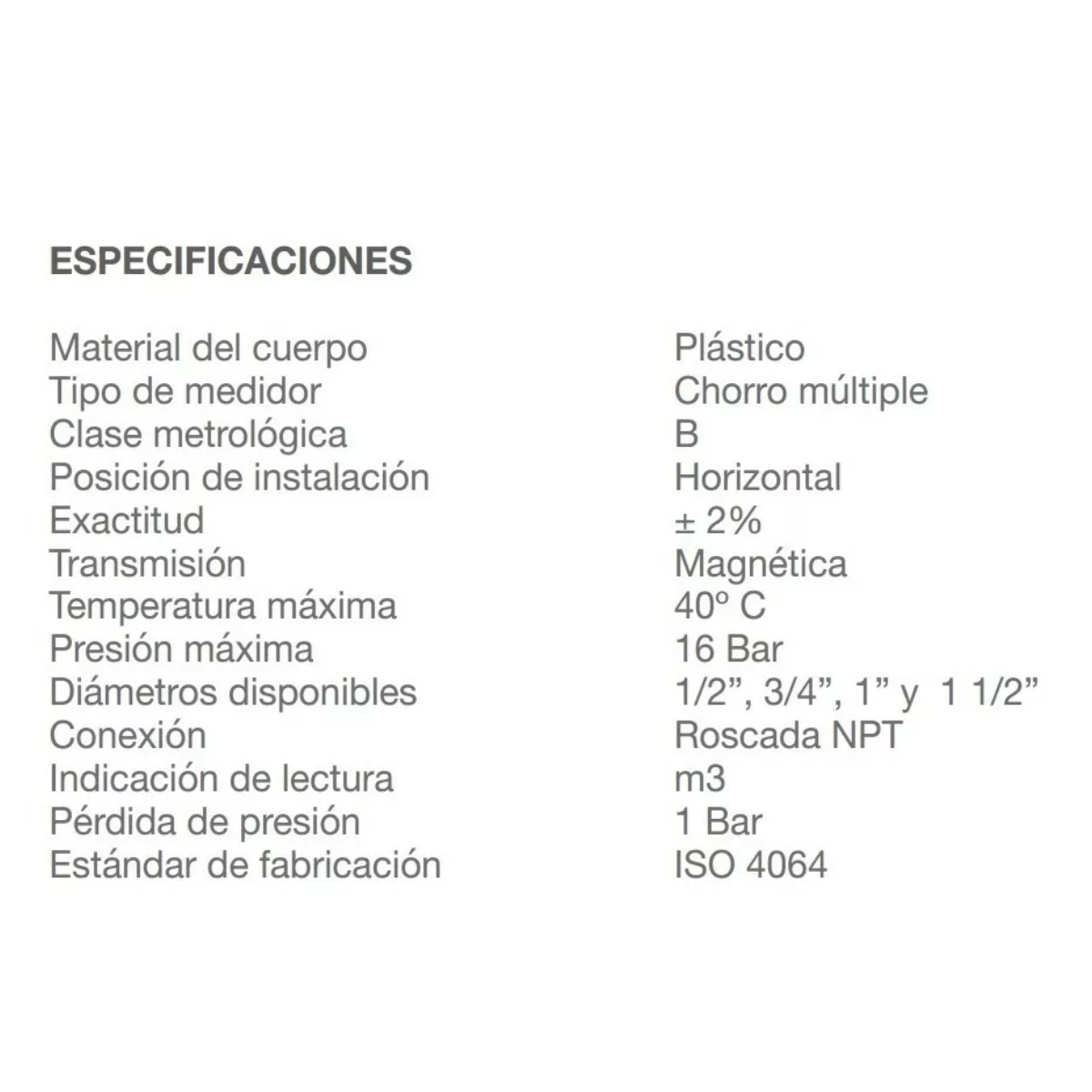 Medidor Agua Potable Tipo Chorro Múltiple 1/2 Clase B