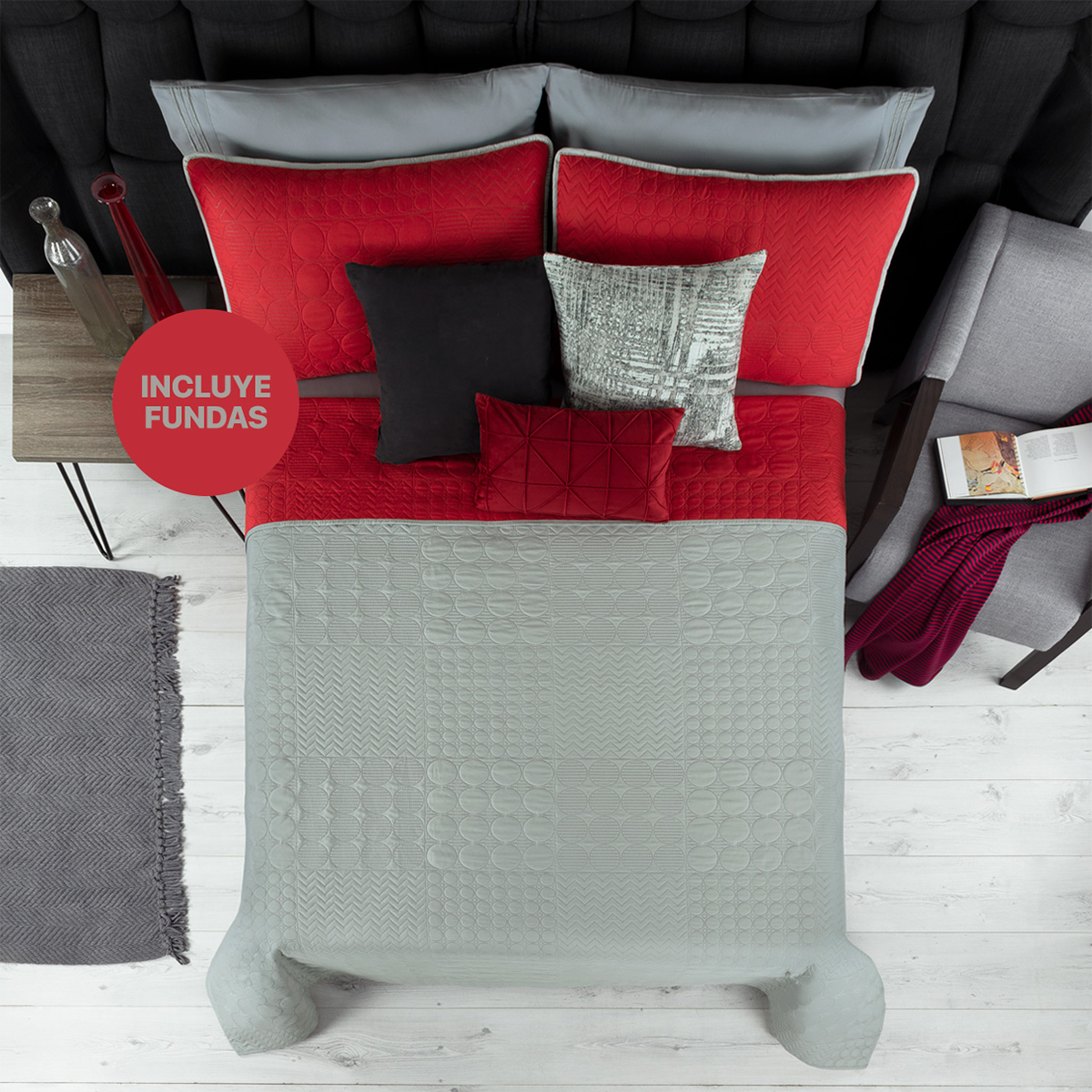 Edredón Ligero Matrimonial Doble Vista con Fundas Rojo - Gris REAL TEXTIL.