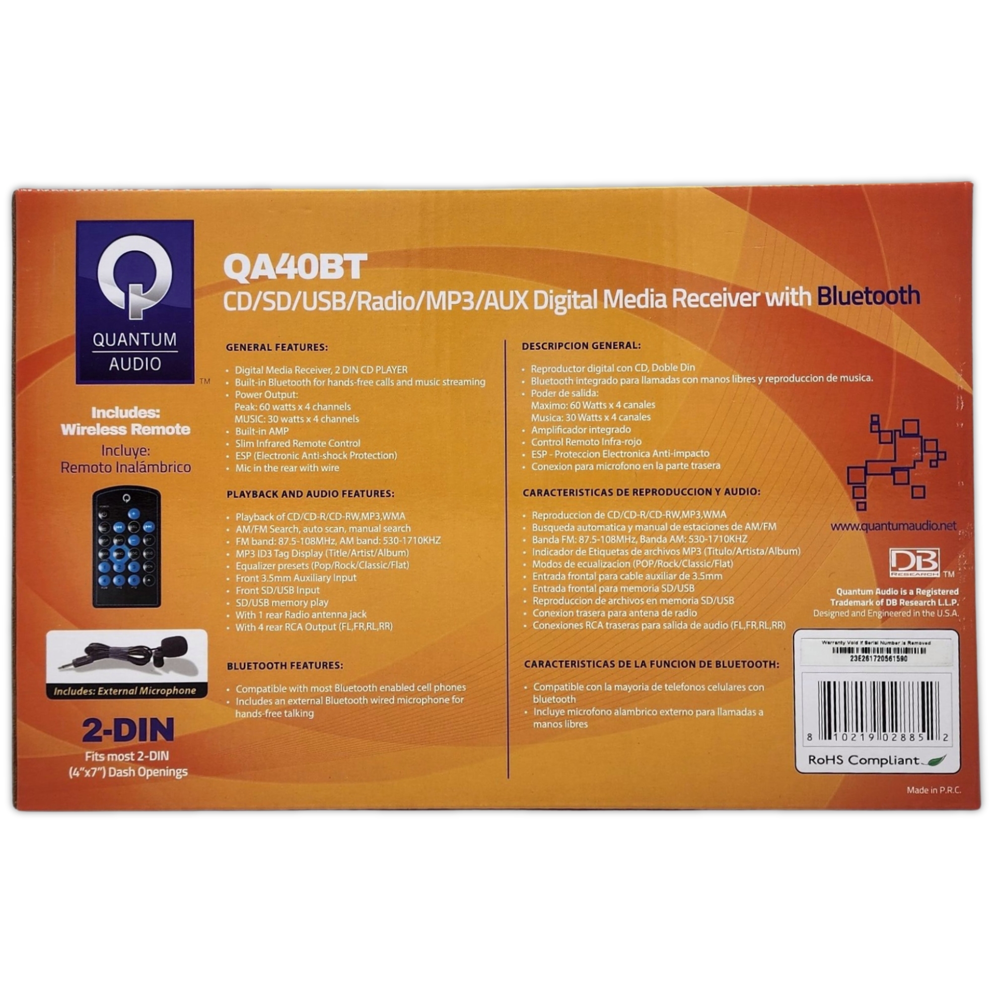 Autoestéreo Quantum Audio QA40BT Bluetooth USB SD Aux 2 DIN