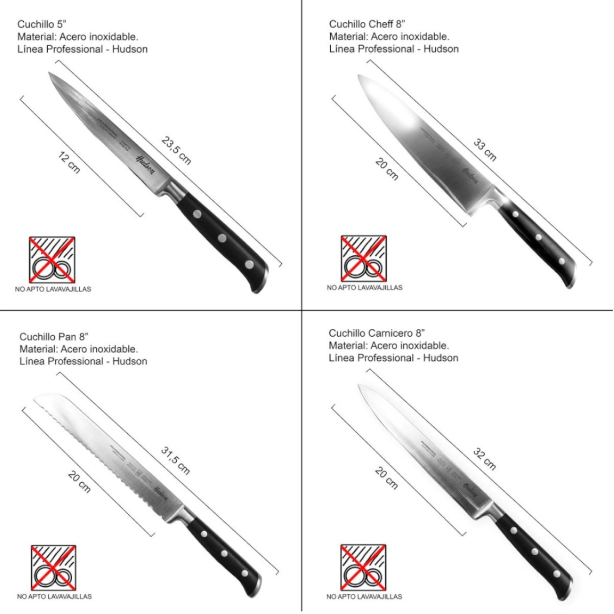 Juego Set 4 cuchillos HUDSON Inox Antihaderente Profesional