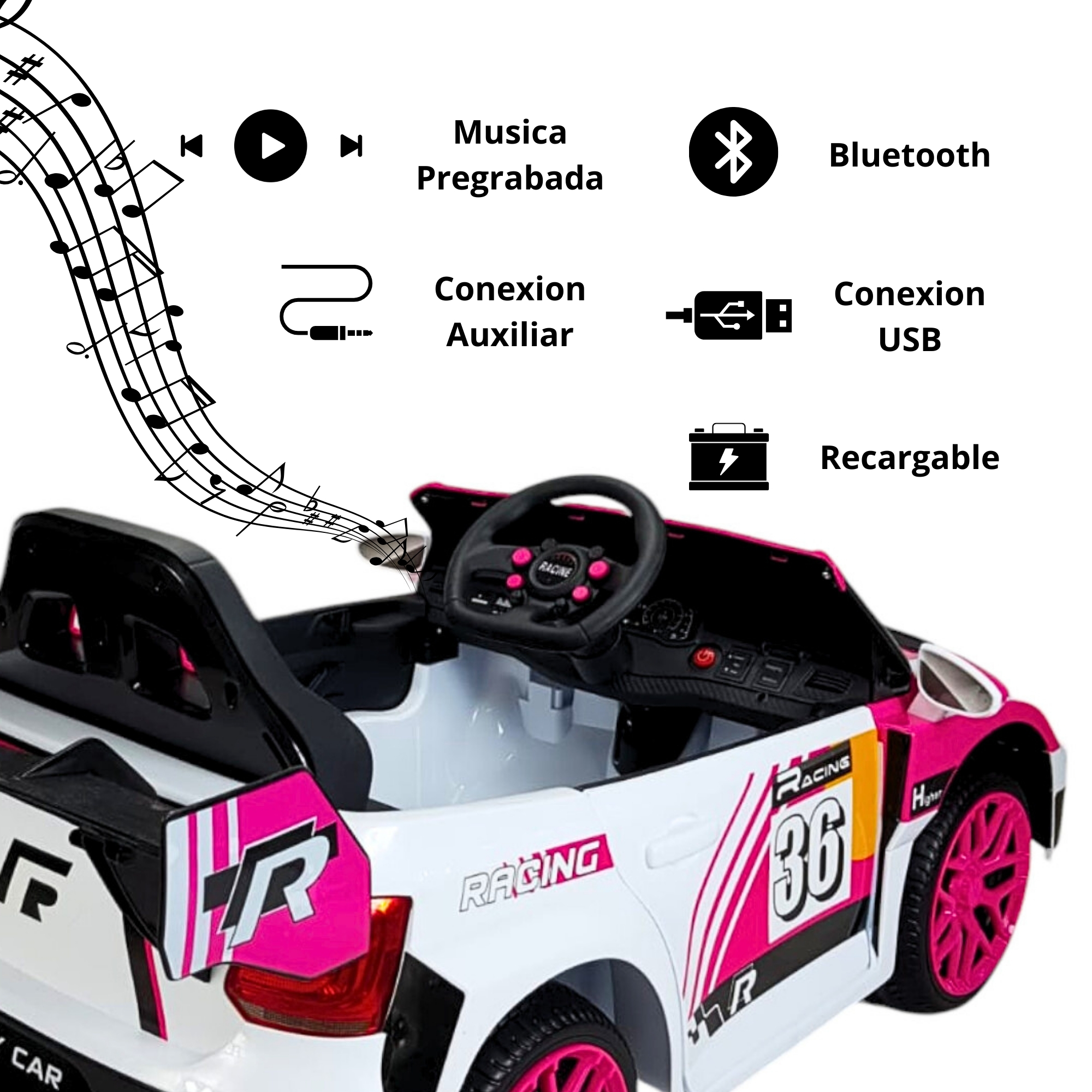 Montable Electrico para Niños Carro Rally con Control Remoto Sonido, Bluetooth, Luz Led, 12v-Rosa