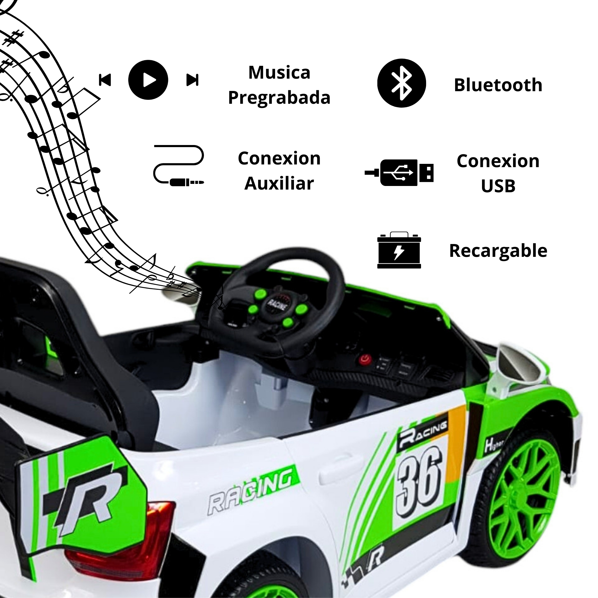 Montable Electrico para Niños Carro Rally con Control Remoto Sonido, Bluetooth, Luz Led, 12v-Verde