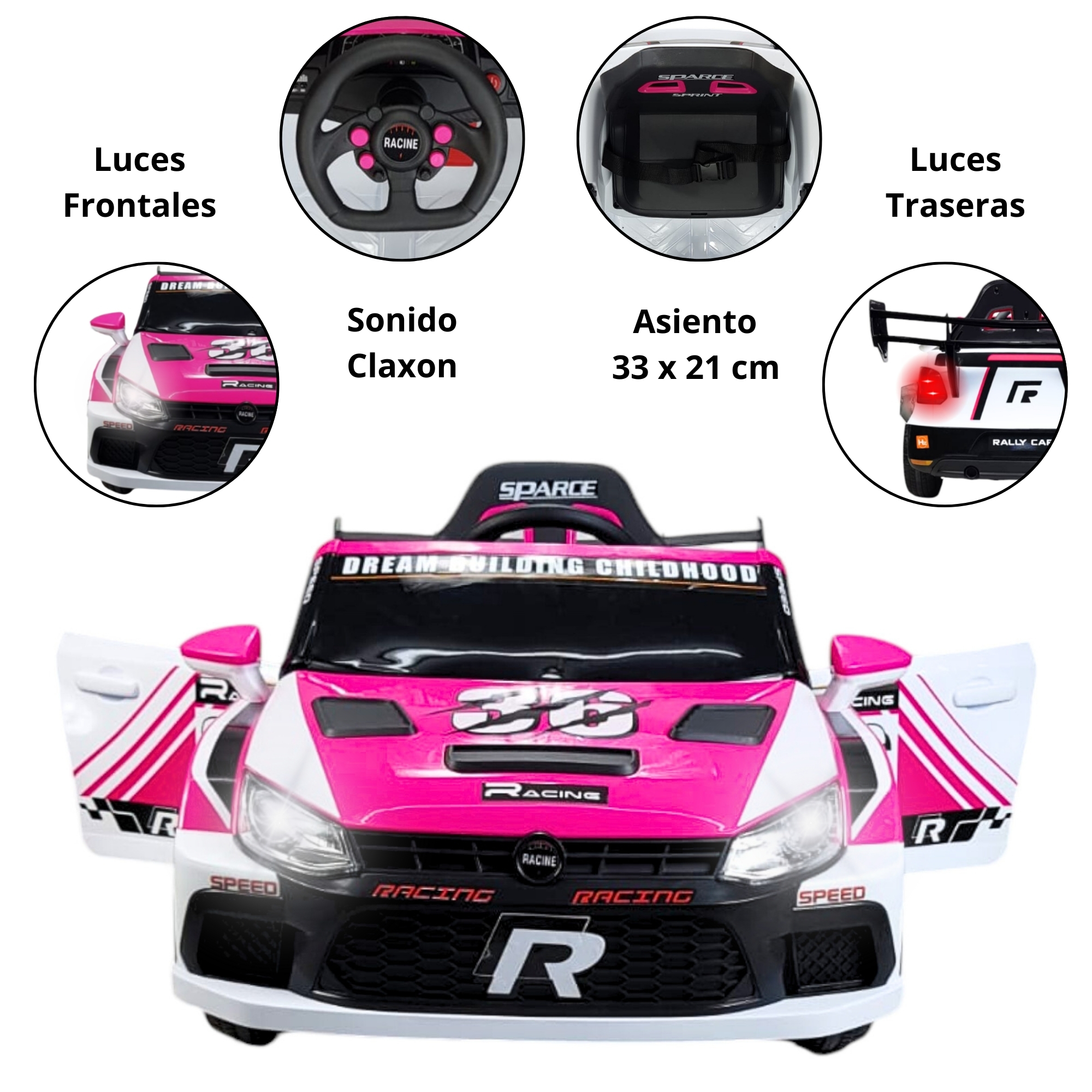 Montable Electrico para Niños Carro Rally con Control Remoto Sonido, Bluetooth, Luz Led, 12v-Rosa