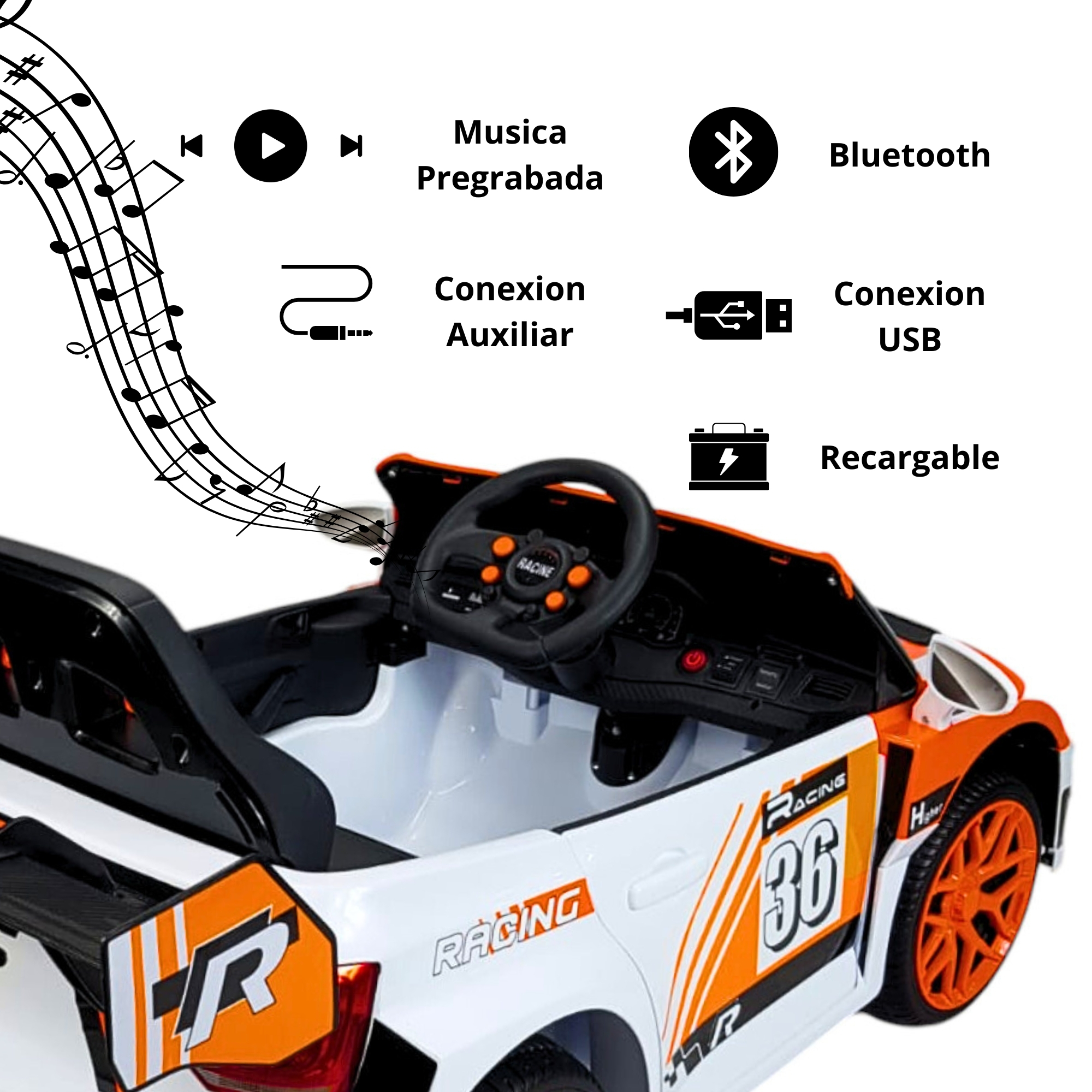 Montable Electrico para Niños Carro Rally con Control Remoto Sonido, Bluetooth, Luz Led, 12v-Naranja
