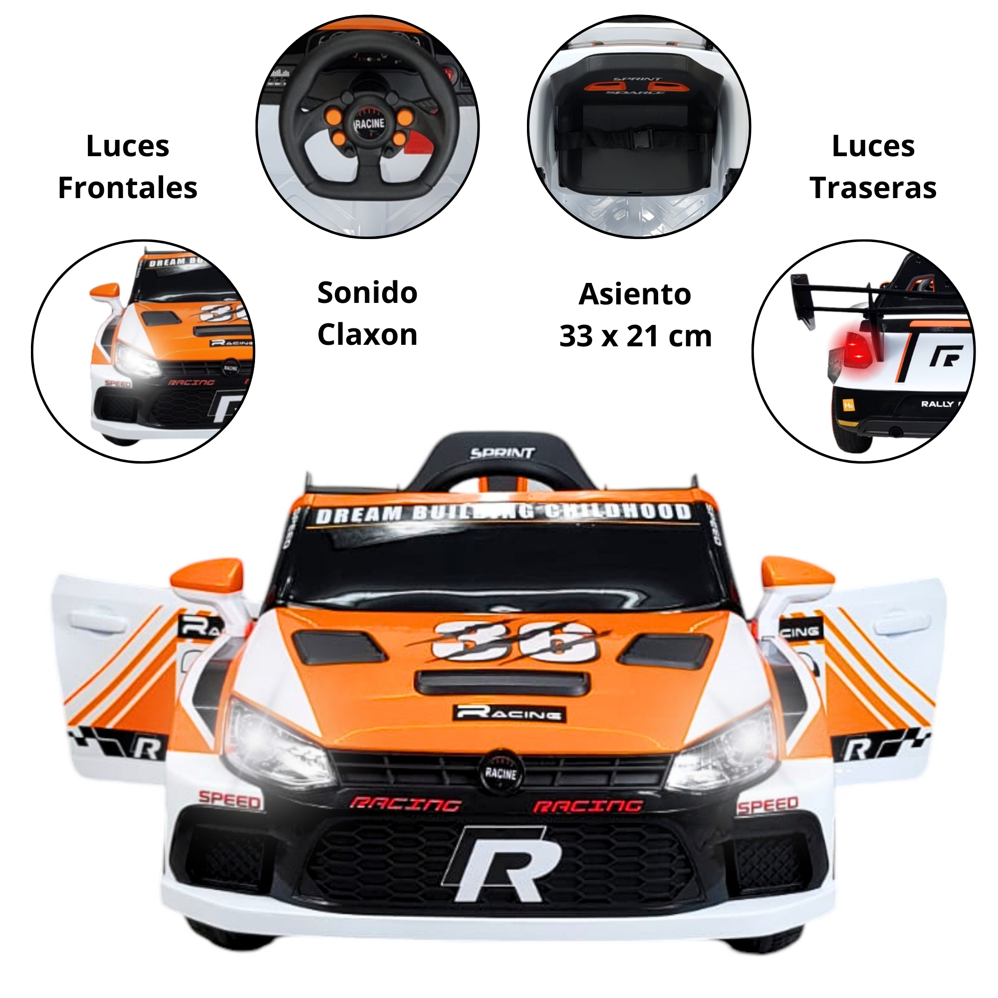 Montable Electrico para Niños Carro Rally con Control Remoto Sonido, Bluetooth, Luz Led, 12v-Naranja