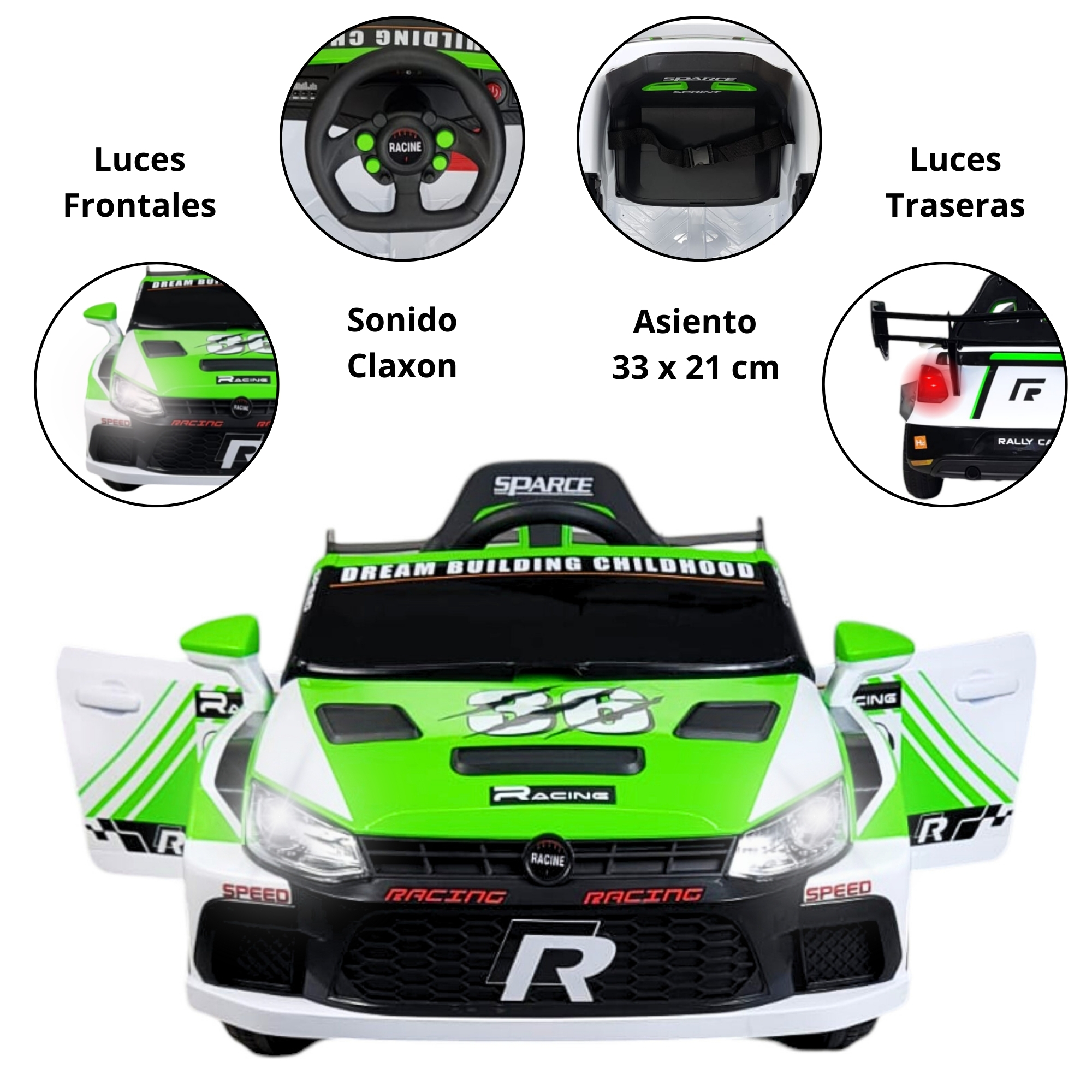Montable Electrico para Niños Carro Rally con Control Remoto Sonido, Bluetooth, Luz Led, 12v-Verde