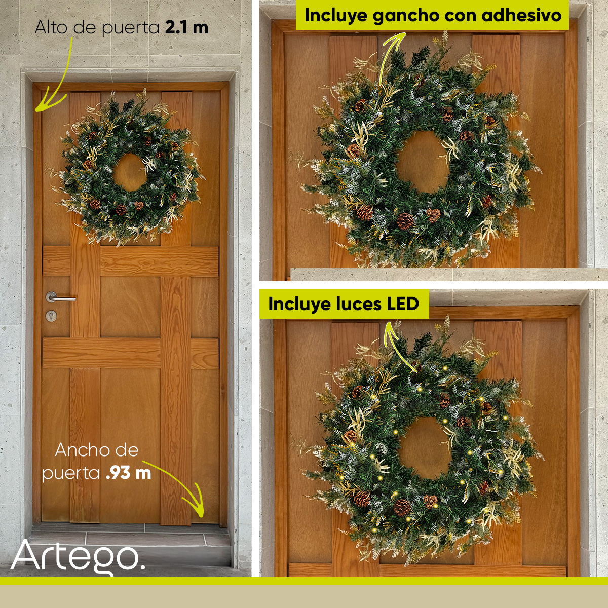 Corona de Navidad 50cm Iluminada dorada con piñas blissful Guirnalda Luces LED Cálida Nevada Decorada Cerezas Puerta Exteriores