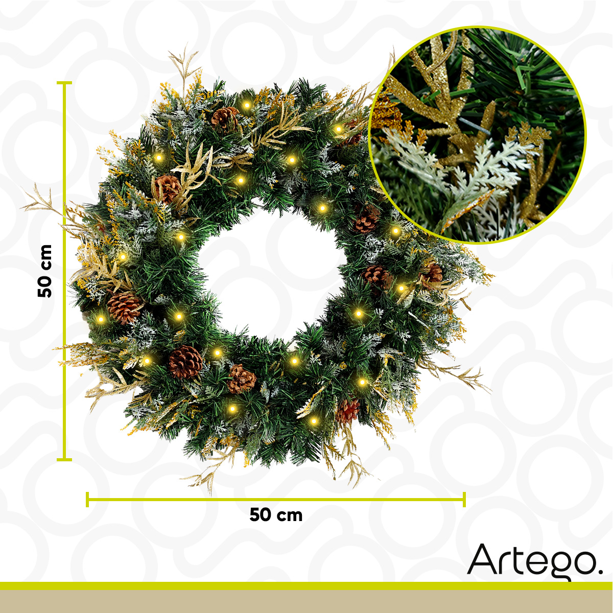 Corona de Navidad 50cm Iluminada dorada con piñas blissful Guirnalda Luces LED Cálida Nevada Decorada Cerezas Puerta Exteriores