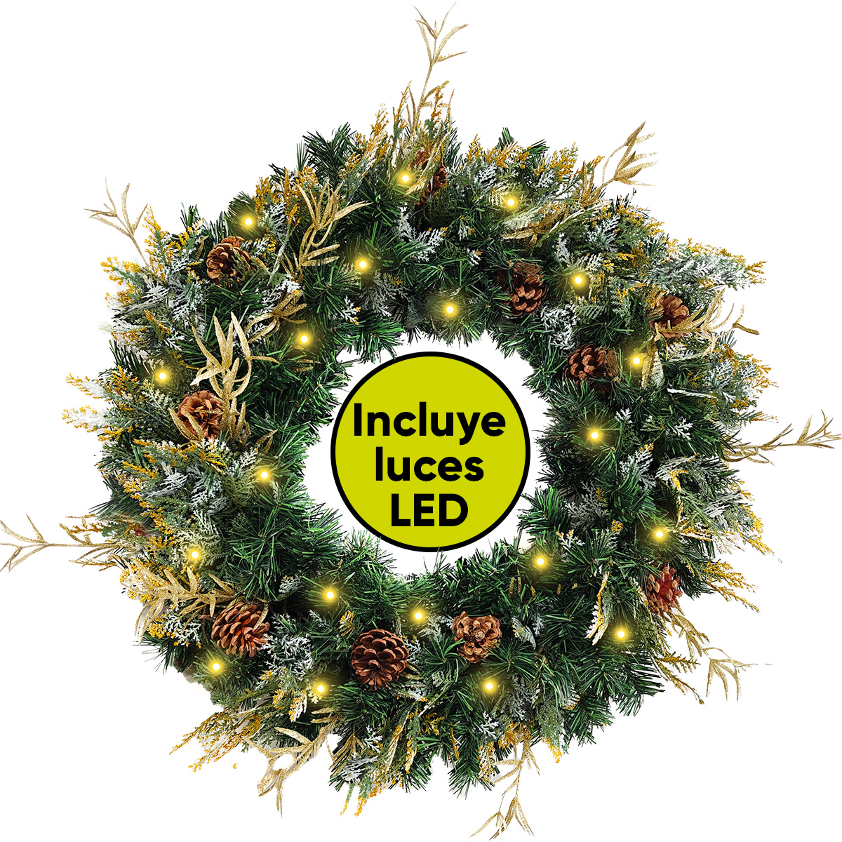 Corona de Navidad 50cm Iluminada dorada con piñas blissful Guirnalda Luces LED Cálida Nevada Decorada Cerezas Puerta Exteriores