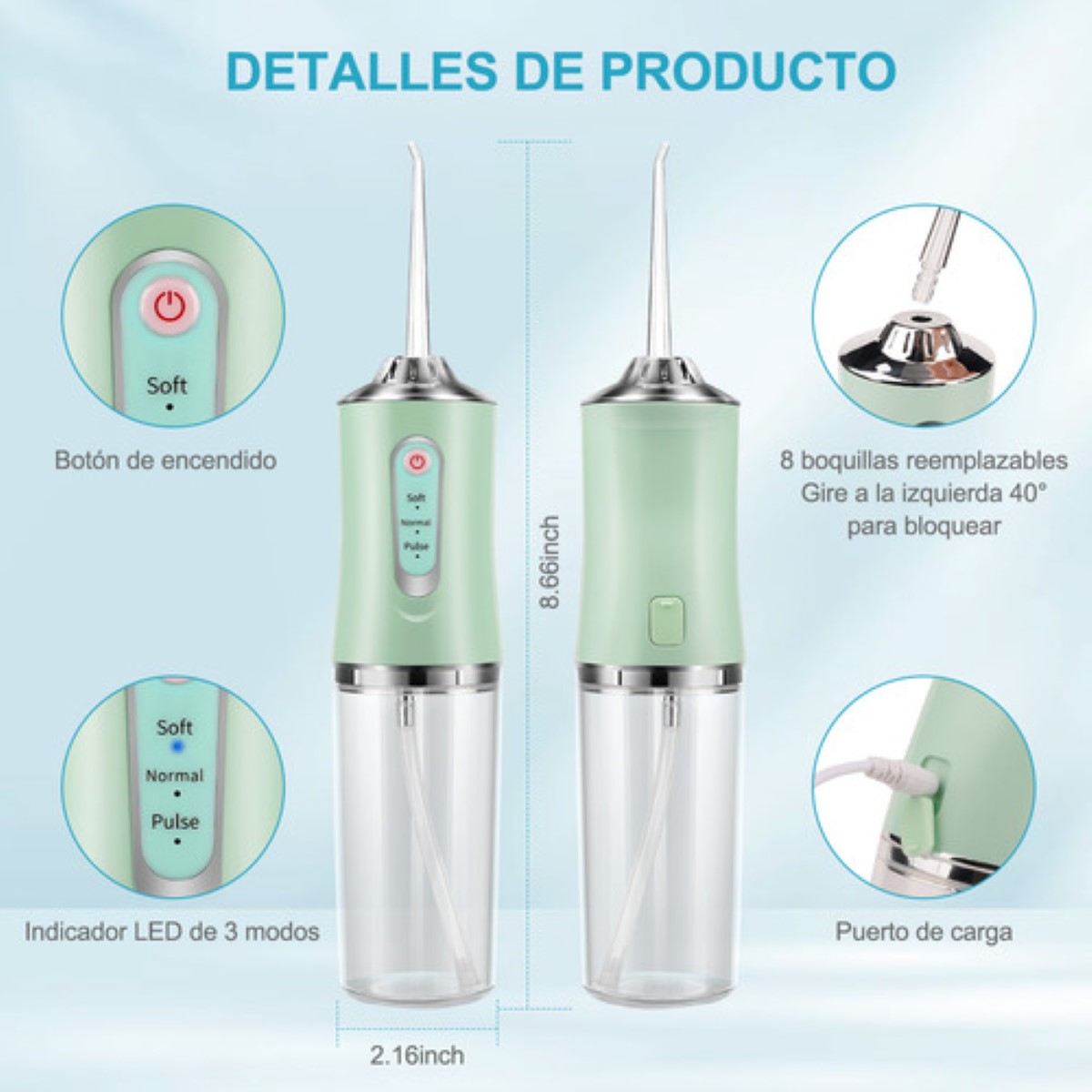 Irrigador Bucal Limpiador Dientes Eléctrico Con 8 Boquillas verde