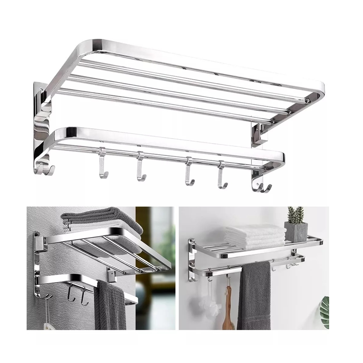 Toallero Doble Acero Inoxidable Baño De Pared Con Ganchos