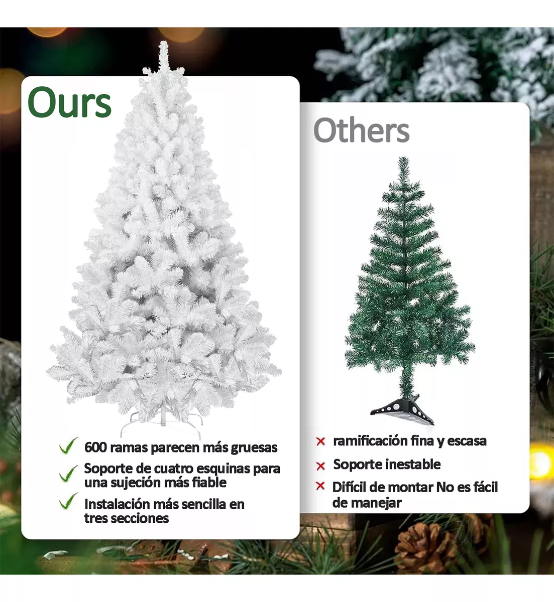 Árbol de Navidad Pino de Navidad Artificial Color Blanco Denso Frondoso 1.80 m y 600 Ramas
