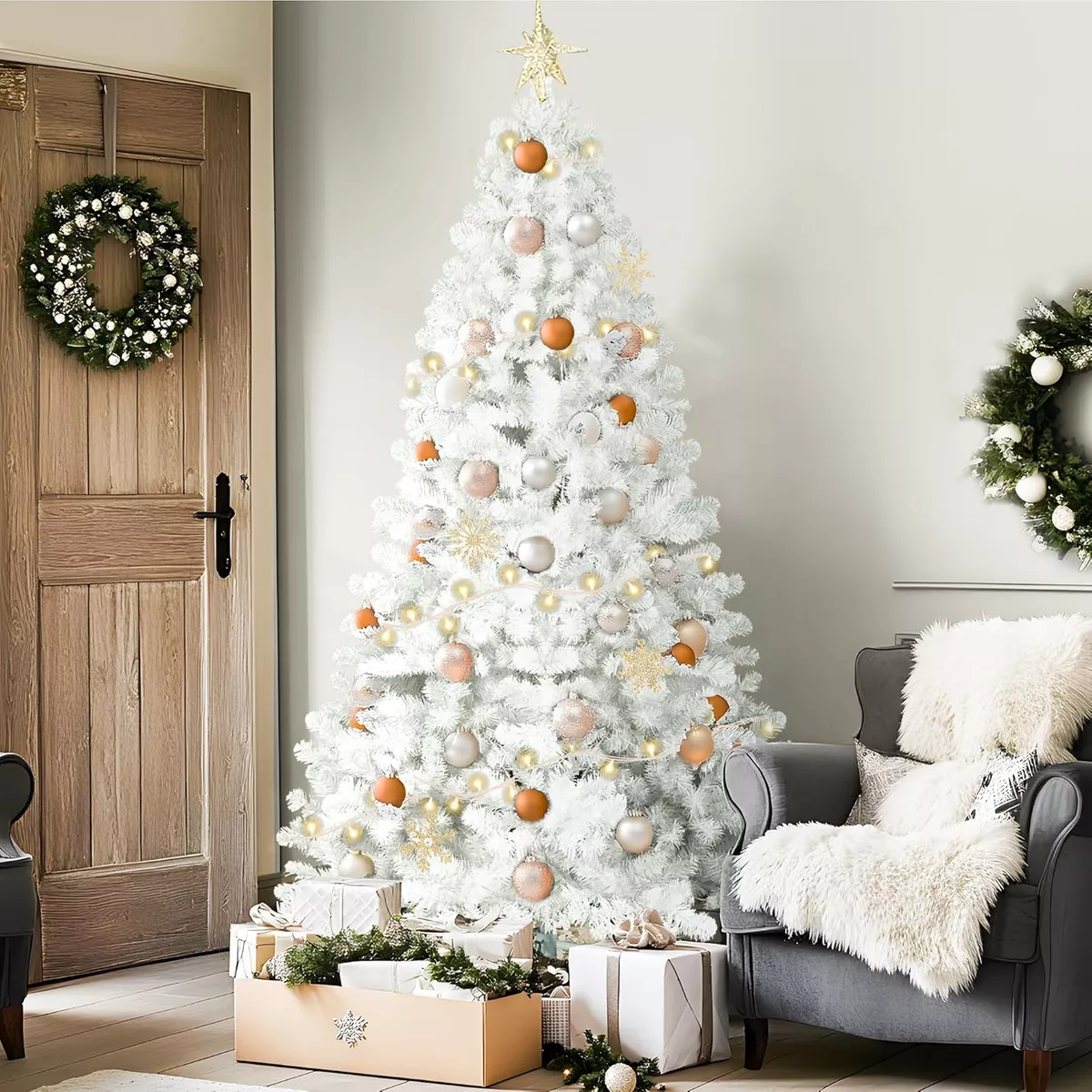 Árbol de Navidad Pino de Navidad Artificial Color Blanco Denso Frondoso 1.80 m y 600 Ramas