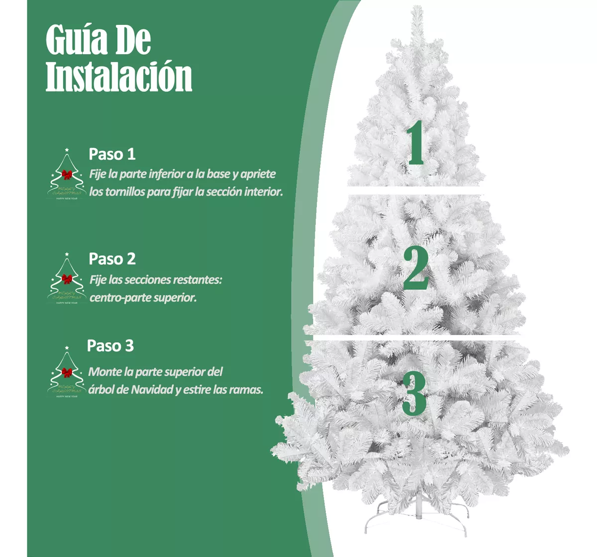 Árbol de Navidad Pino de Navidad Artificial Color Blanco Denso Frondoso 1.80 m y 600 Ramas