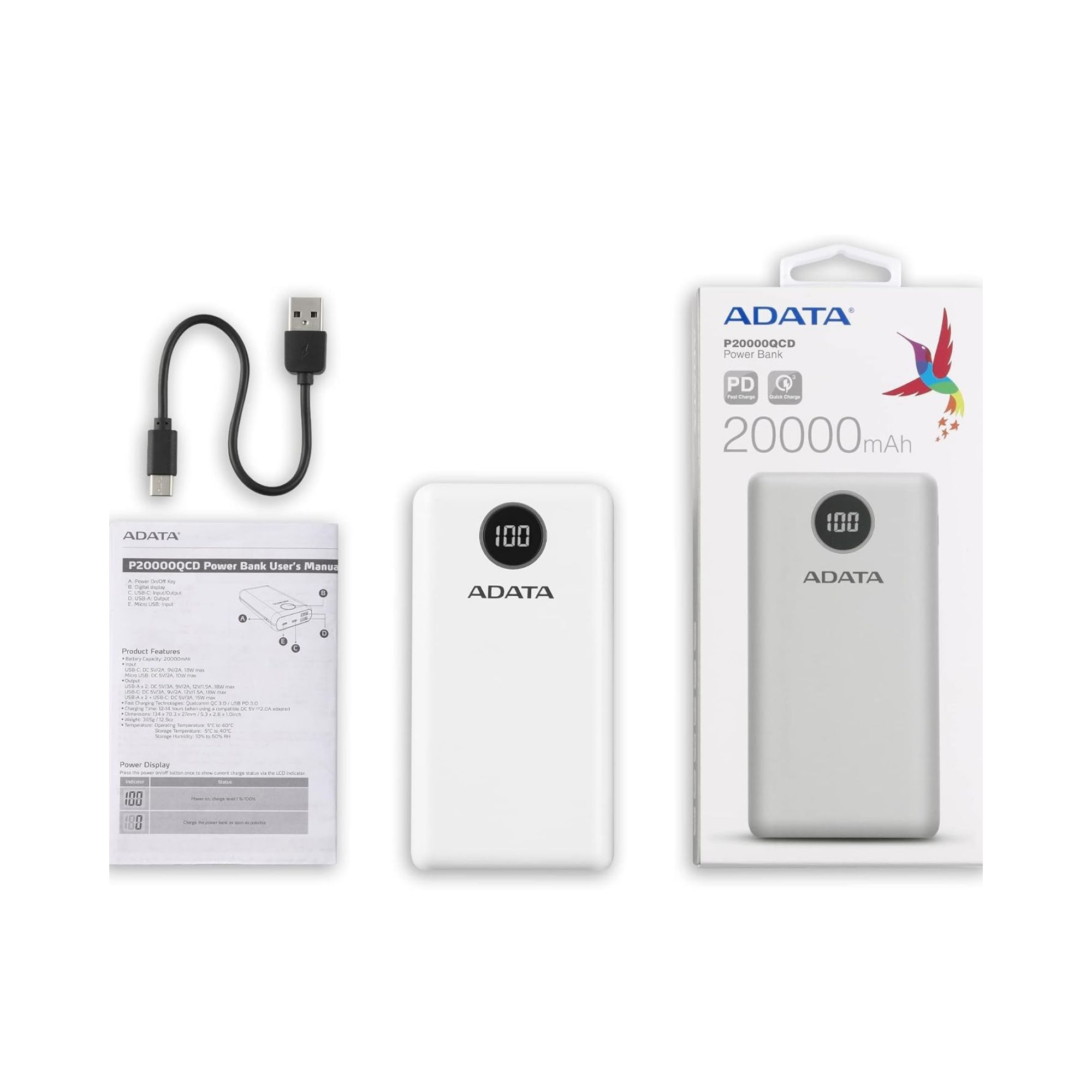 Batería Portátil Adata P20000QCD de 20,000 mAh, USB-A, USB-C, Blanco
