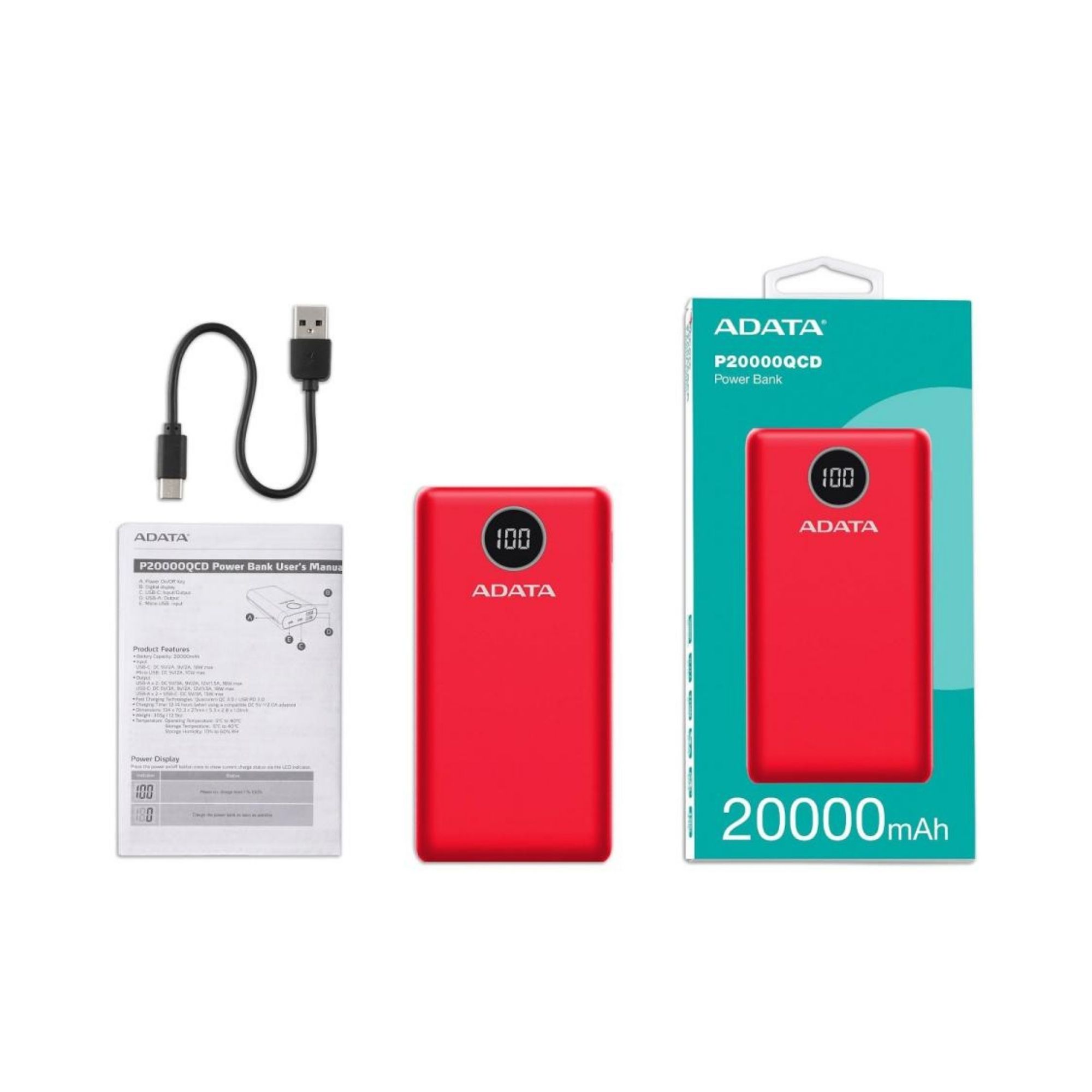 Batería Portátil Adata P20000QCD de 20,000 mAh, USB-A, USB-C, Rojo
