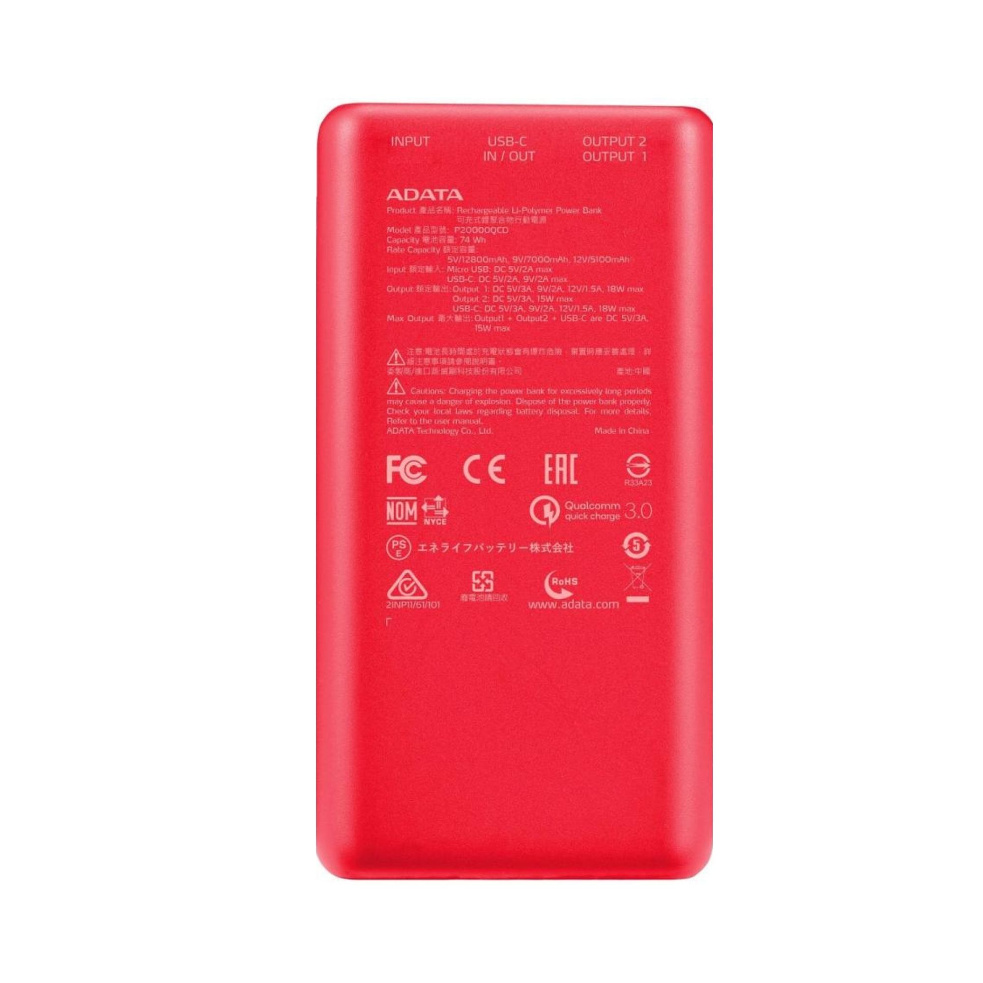 Batería Portátil Adata P20000QCD de 20,000 mAh, USB-A, USB-C, Rojo