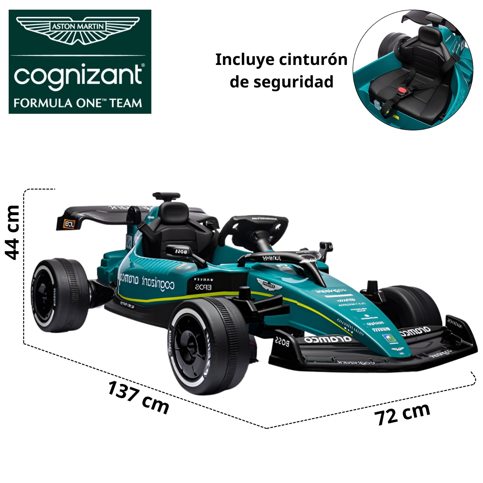 Montable Electrico para Niños Formula 1 Aston Martin F1 Racing Team Carro de Carreras Conexión Bluetooth, USB, Luz y Sonido con Control Remoto 12v