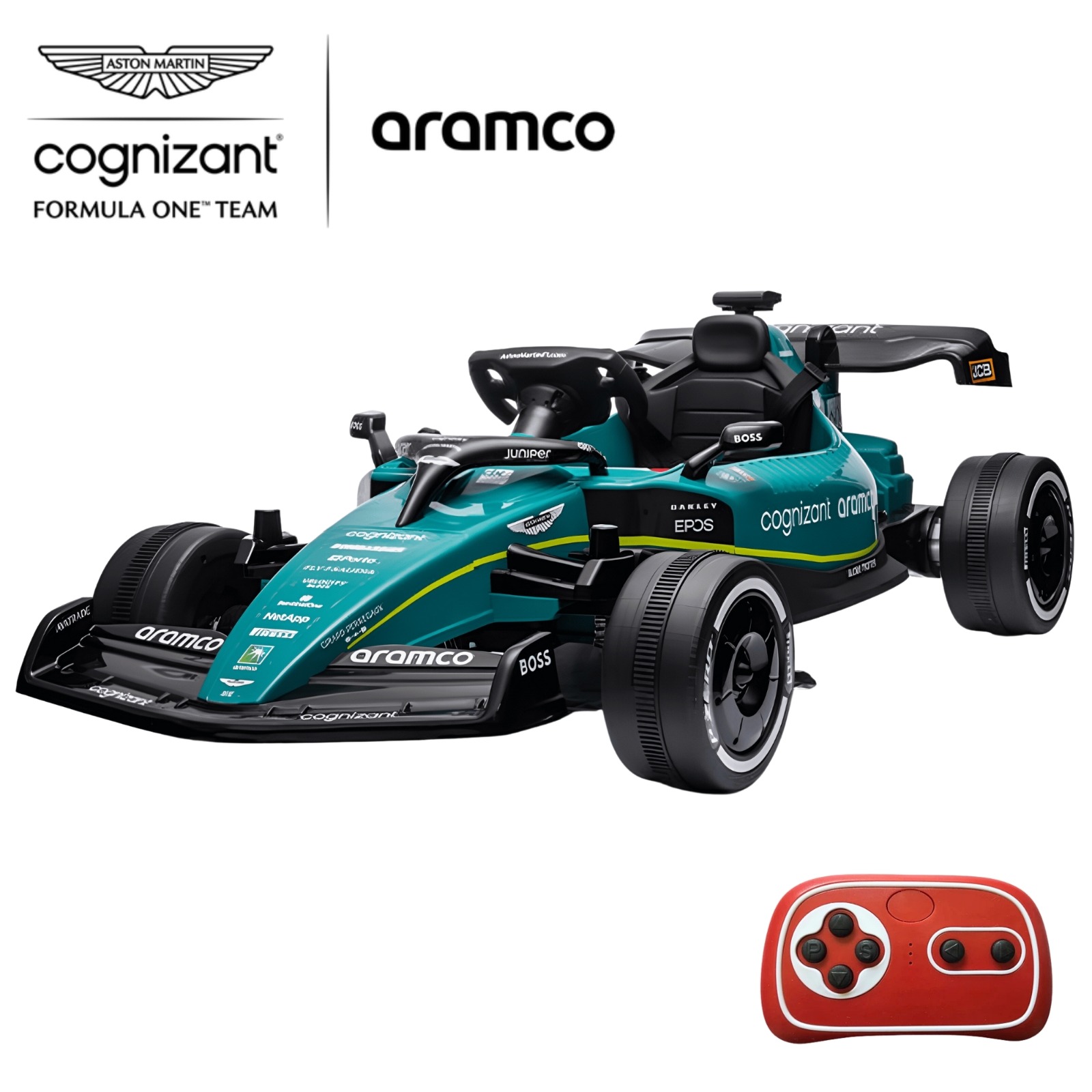 Montable Electrico para Niños Formula 1 Aston Martin F1 Racing Team Carro de Carreras Conexión Bluetooth, USB, Luz y Sonido con Control Remoto 12v